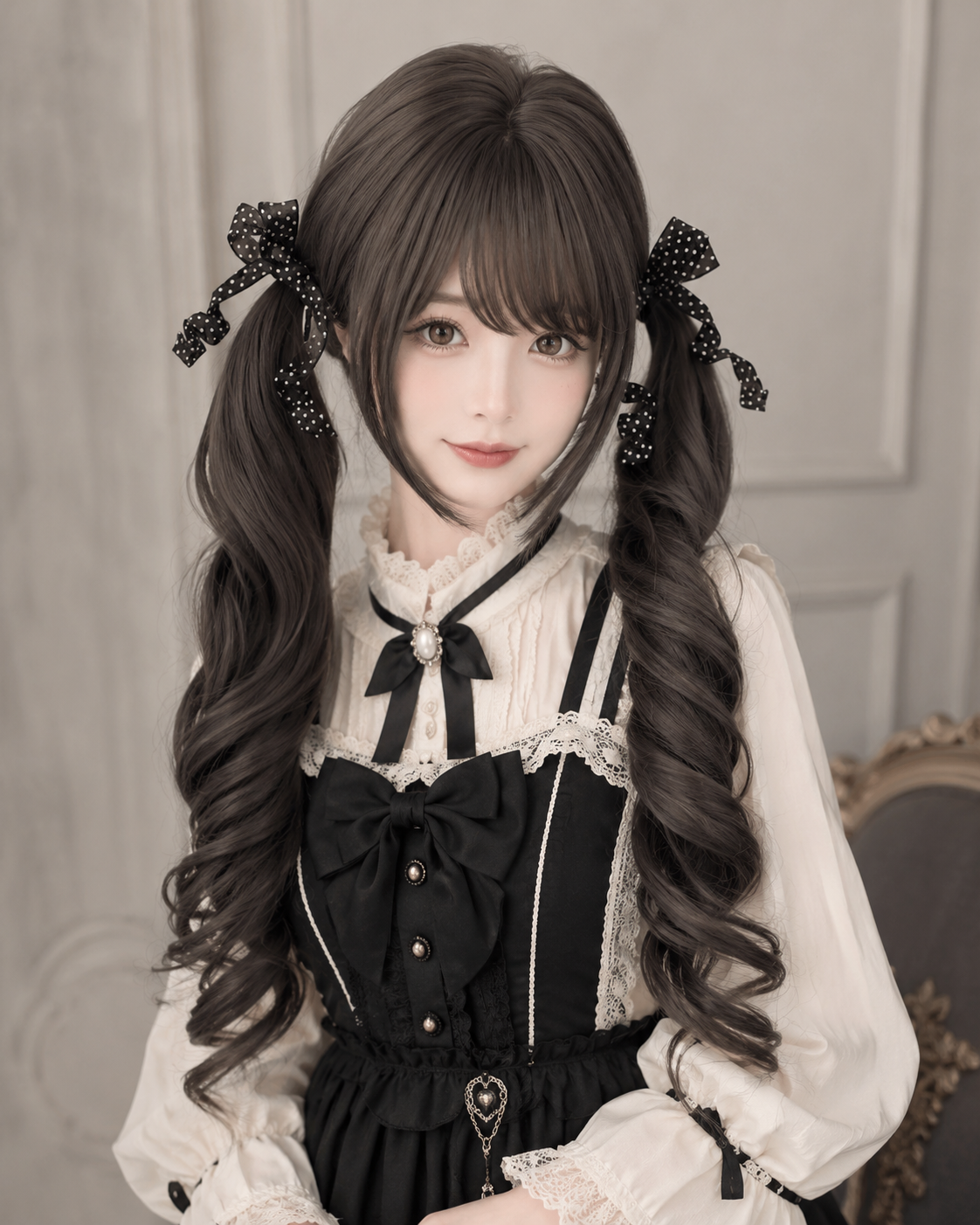 Dark Tea Brown Curled Twin-Tail Lolita Wig in Dark Tea Brown, styled model view 01