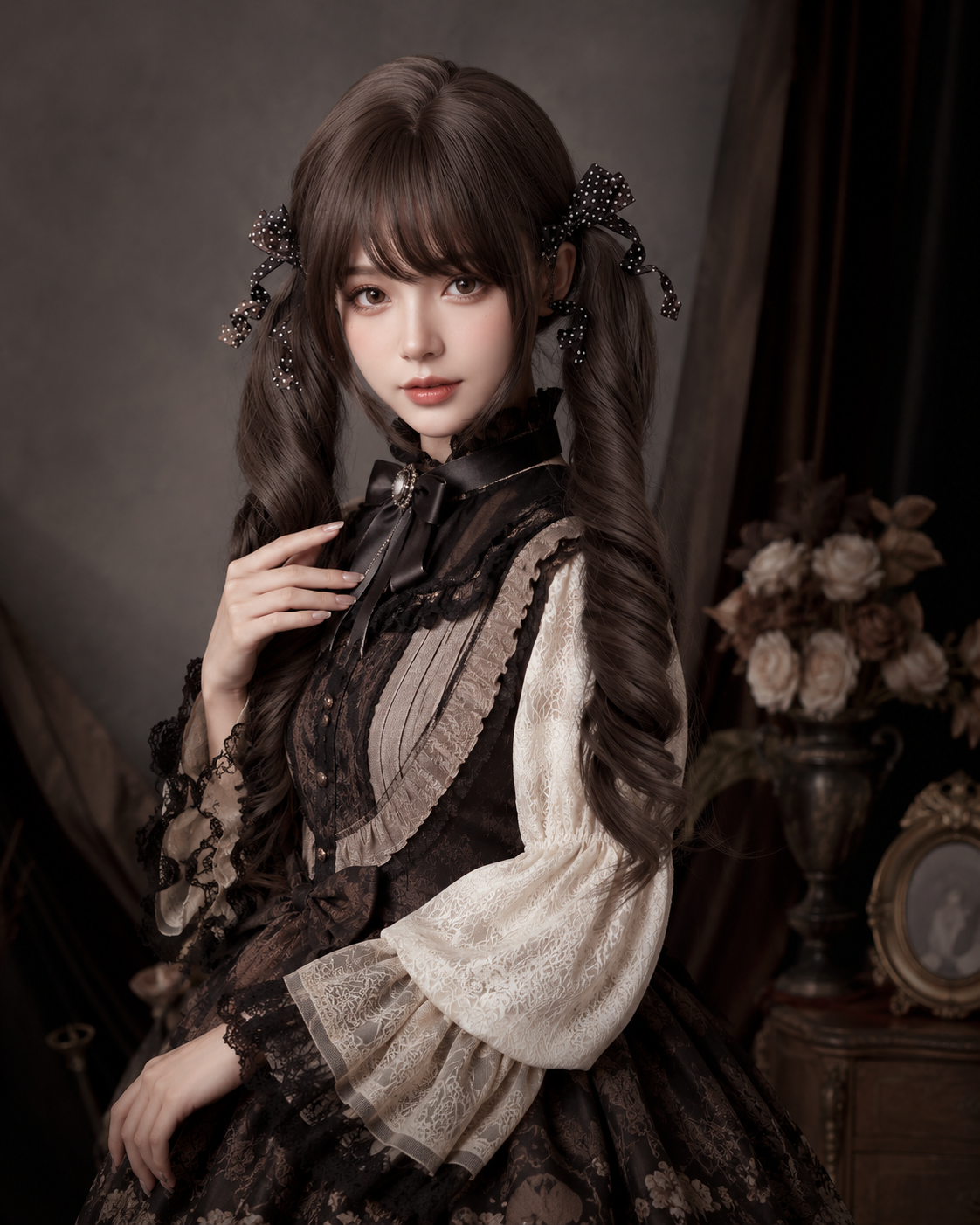 Dark Tea Brown Curled Twin-Tail Lolita Wig in Dark Tea Brown, styled model view 02