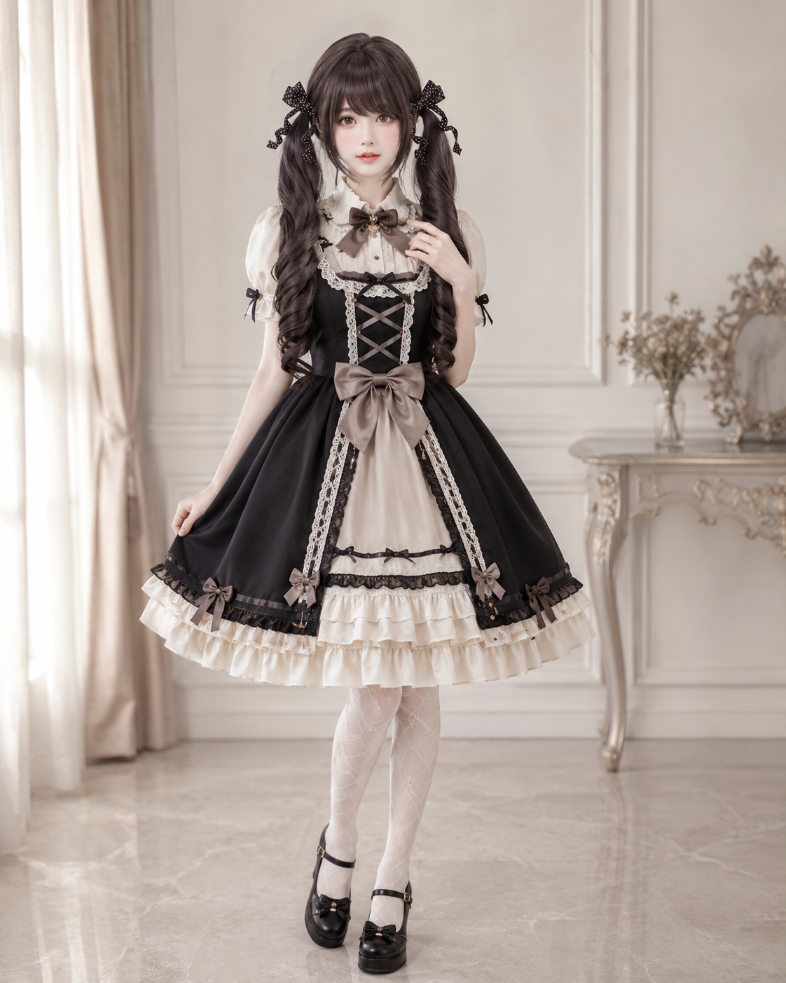 Dark Tea Brown Curled Twin-Tail Lolita Wig in Dark Tea Brown, styled model view 03