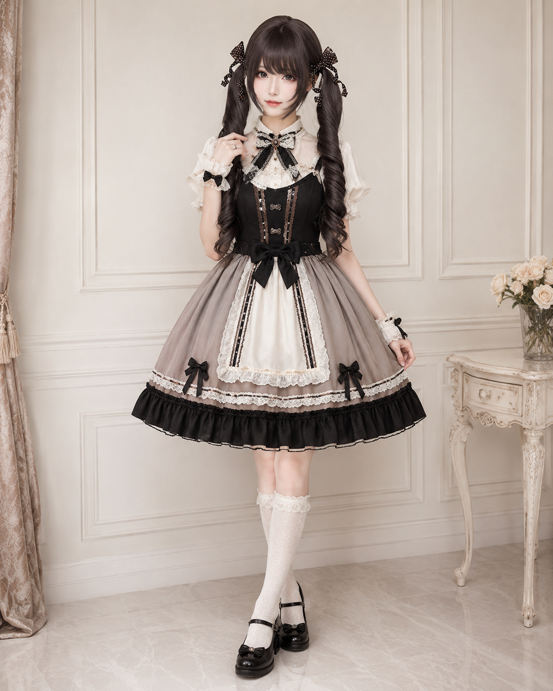 Dark Tea Brown Curled Twin-Tail Lolita Wig in Dark Tea Brown, styled model view 04
