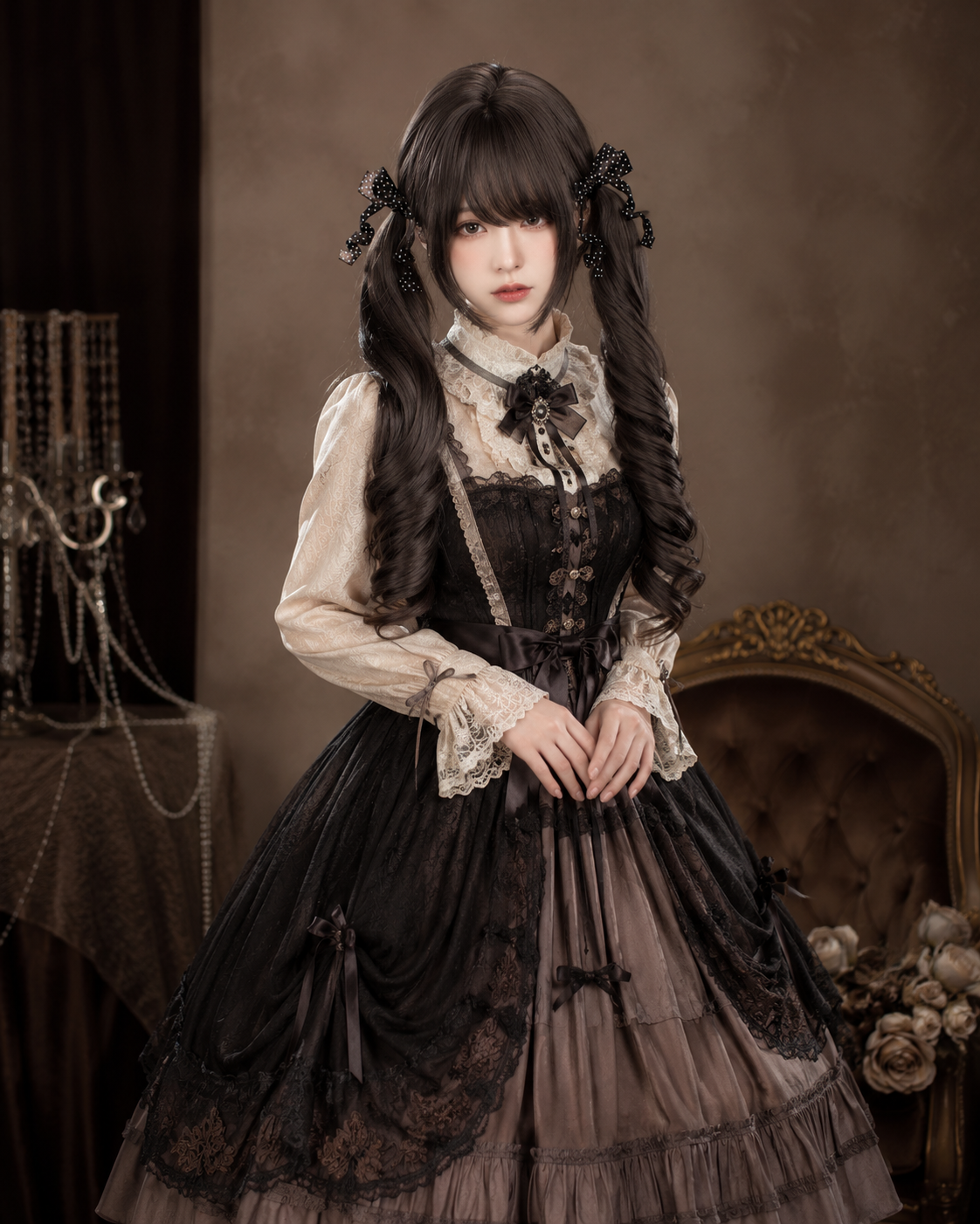 Dark Tea Brown Curled Twin-Tail Lolita Wig in Dark Tea Brown, styled model view 05