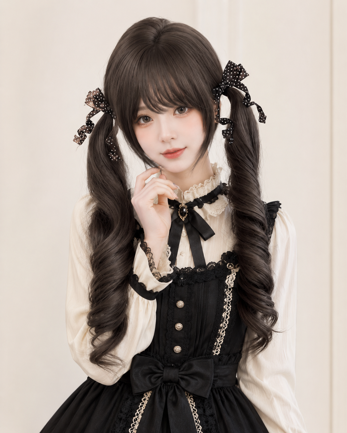 Dark Tea Brown Curled Twin-Tail Lolita Wig in Dark Tea Brown, styled model view 06