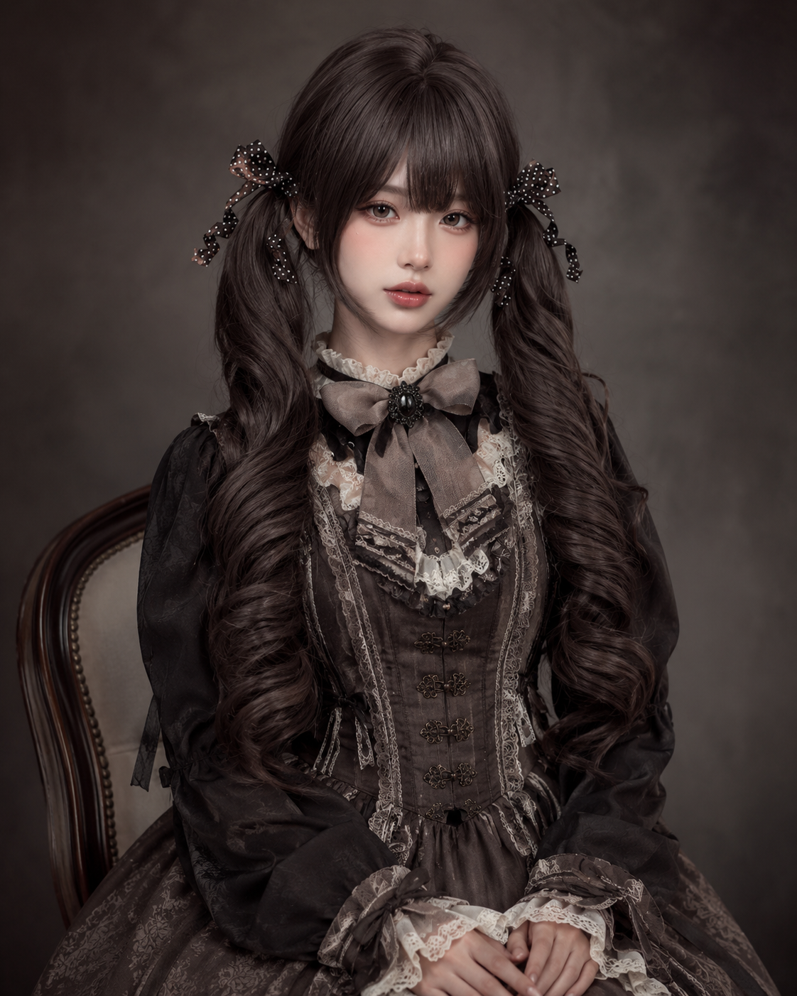 Dark Tea Brown Curled Twin-Tail Lolita Wig in Dark Tea Brown, styled model view 07