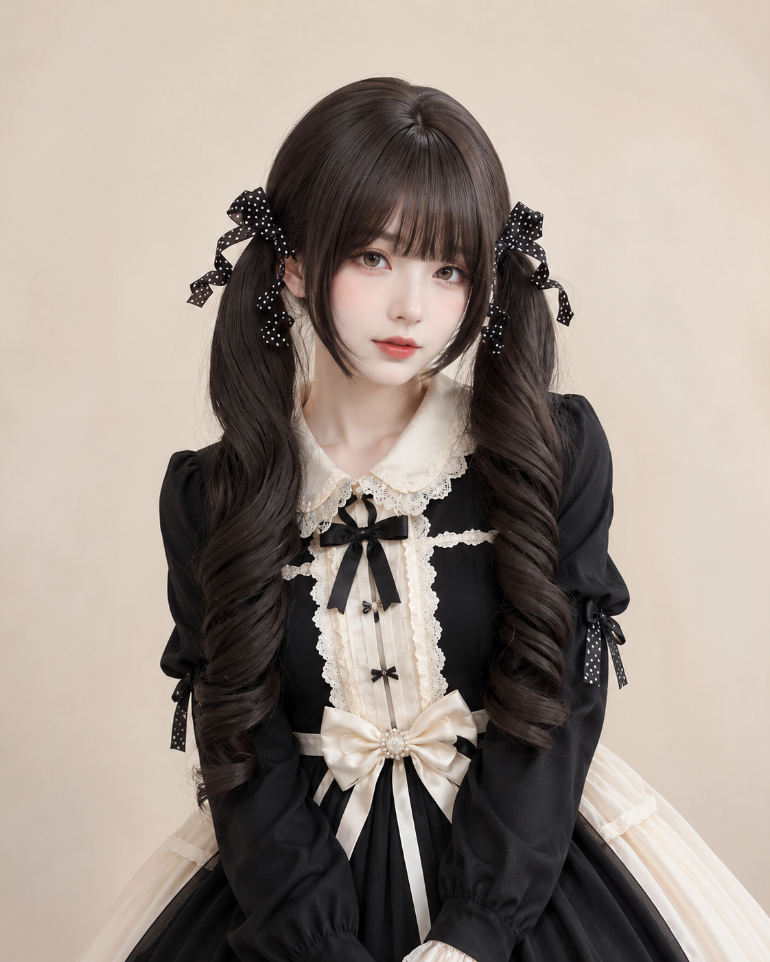 Dark Tea Brown Curled Twin-Tail Lolita Wig in Dark Tea Brown, styled model view 08