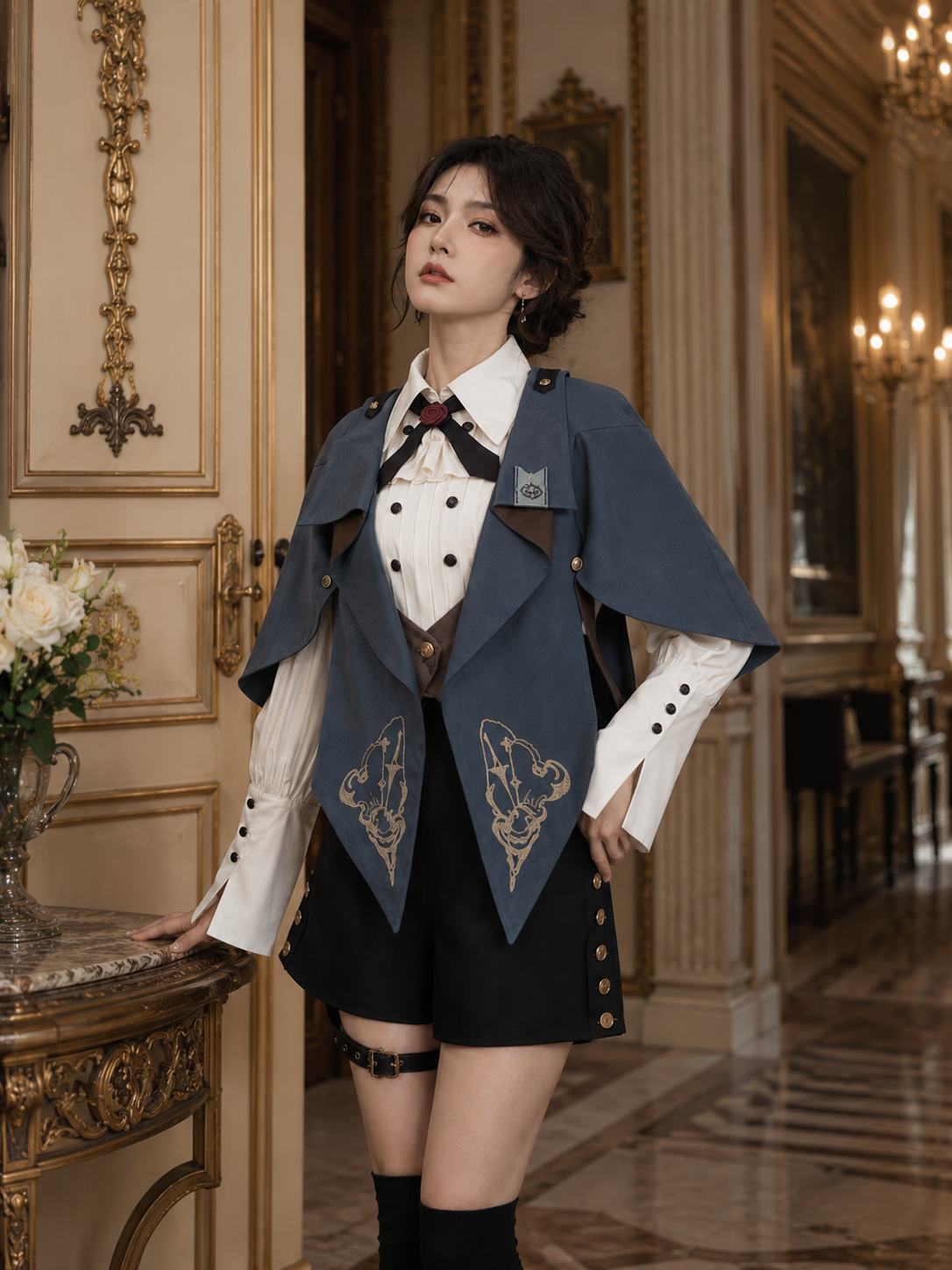 Embroidered Ouji Top and Bloomer Shorts Set - Blue Gray Main Product Styling View 01 Embroidered Ouji Top and Bloomer Shorts Set in Blue Gray, main product styling view 01