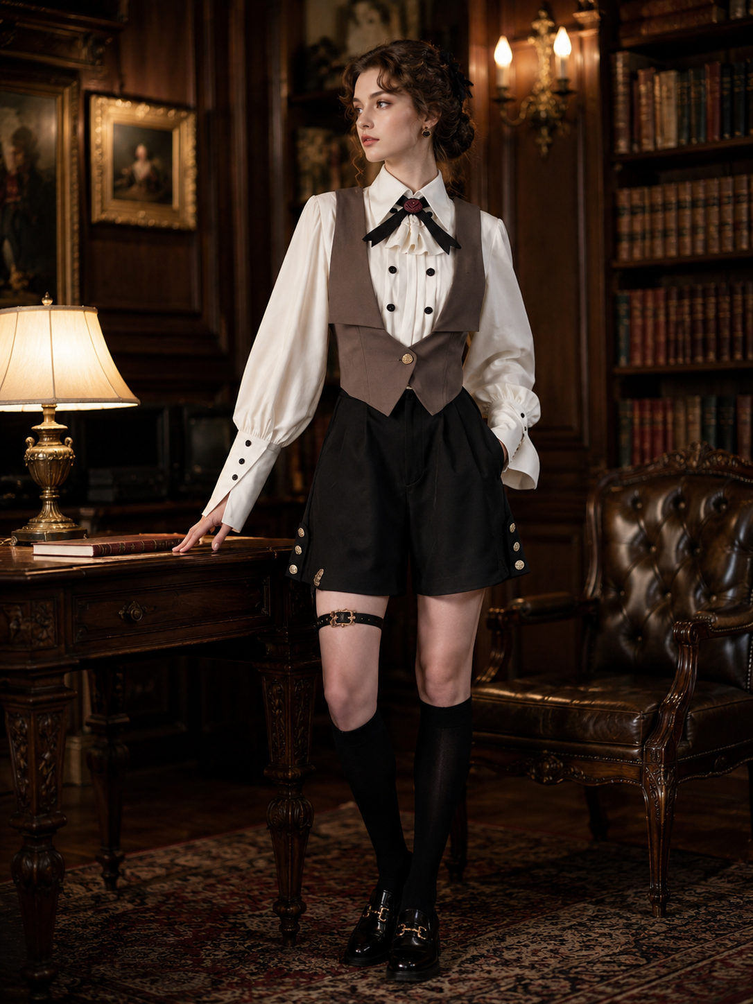 Embroidered Ouji Top and Bloomer Shorts Set - Brown Styled Model View 02 Embroidered Ouji Top and Bloomer Shorts Set in Brown, styled model view 02