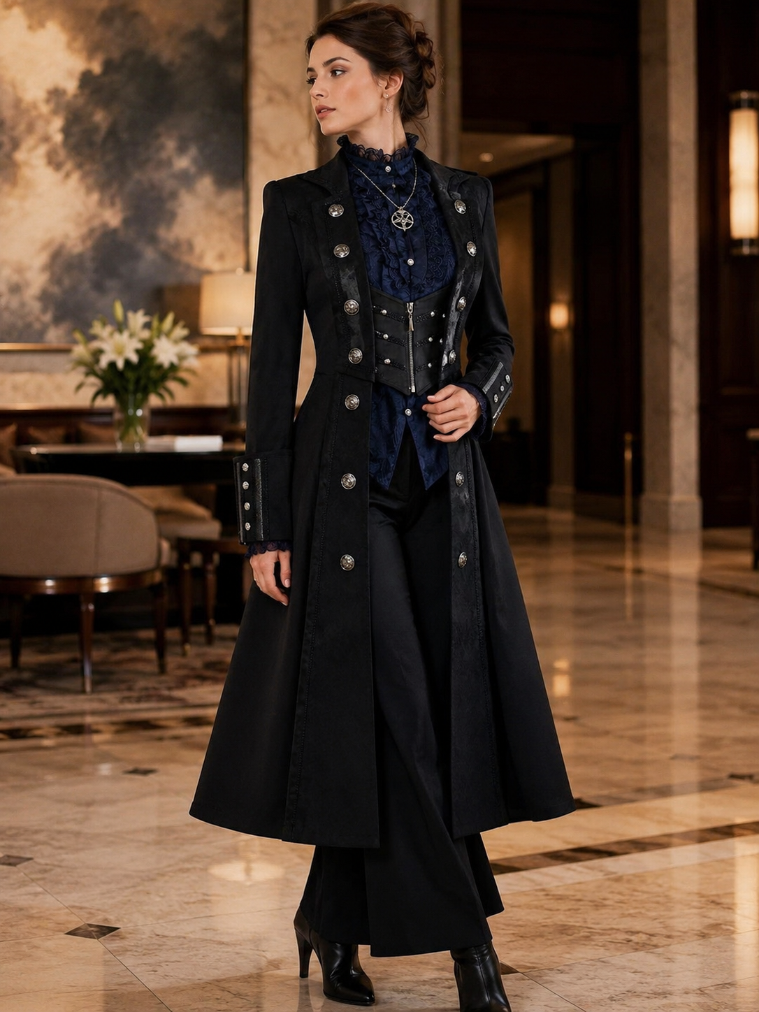 Gothic Batwing Long Coat and Trousers Ouji Set - Black with Blue Main Product Styling View 01 Gothic Batwing Long Coat and Trousers Ouji Set in Black with Blue, main product styling view 01