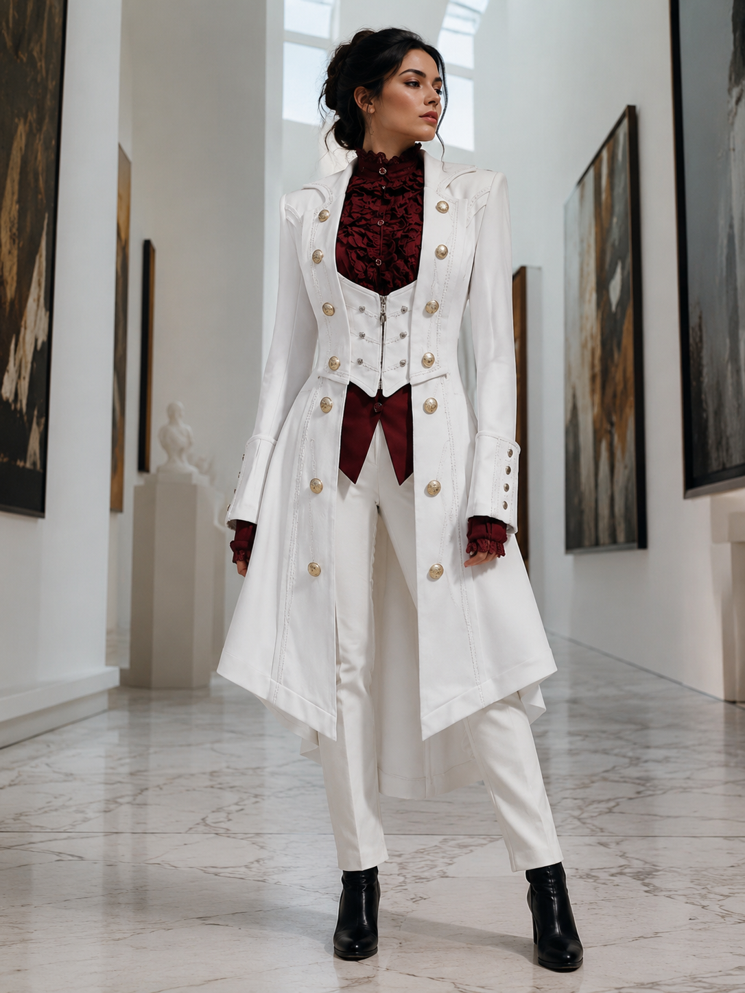Gothic Batwing Long Coat and Trousers Ouji Set - Ivory with Burgundy Styled Model View 01 Gothic Batwing Long Coat and Trousers Ouji Set in Ivory with Burgundy, styled model view 01