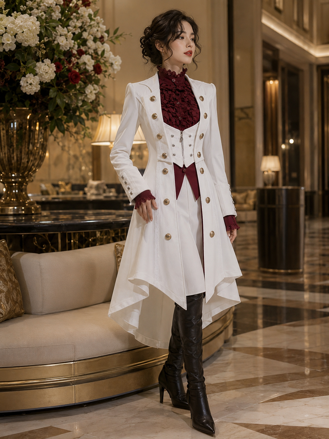 Gothic Batwing Long Coat and Trousers Ouji Set - Ivory with Burgundy Styled Model View 02 Gothic Batwing Long Coat and Trousers Ouji Set in Ivory with Burgundy, styled model view 02