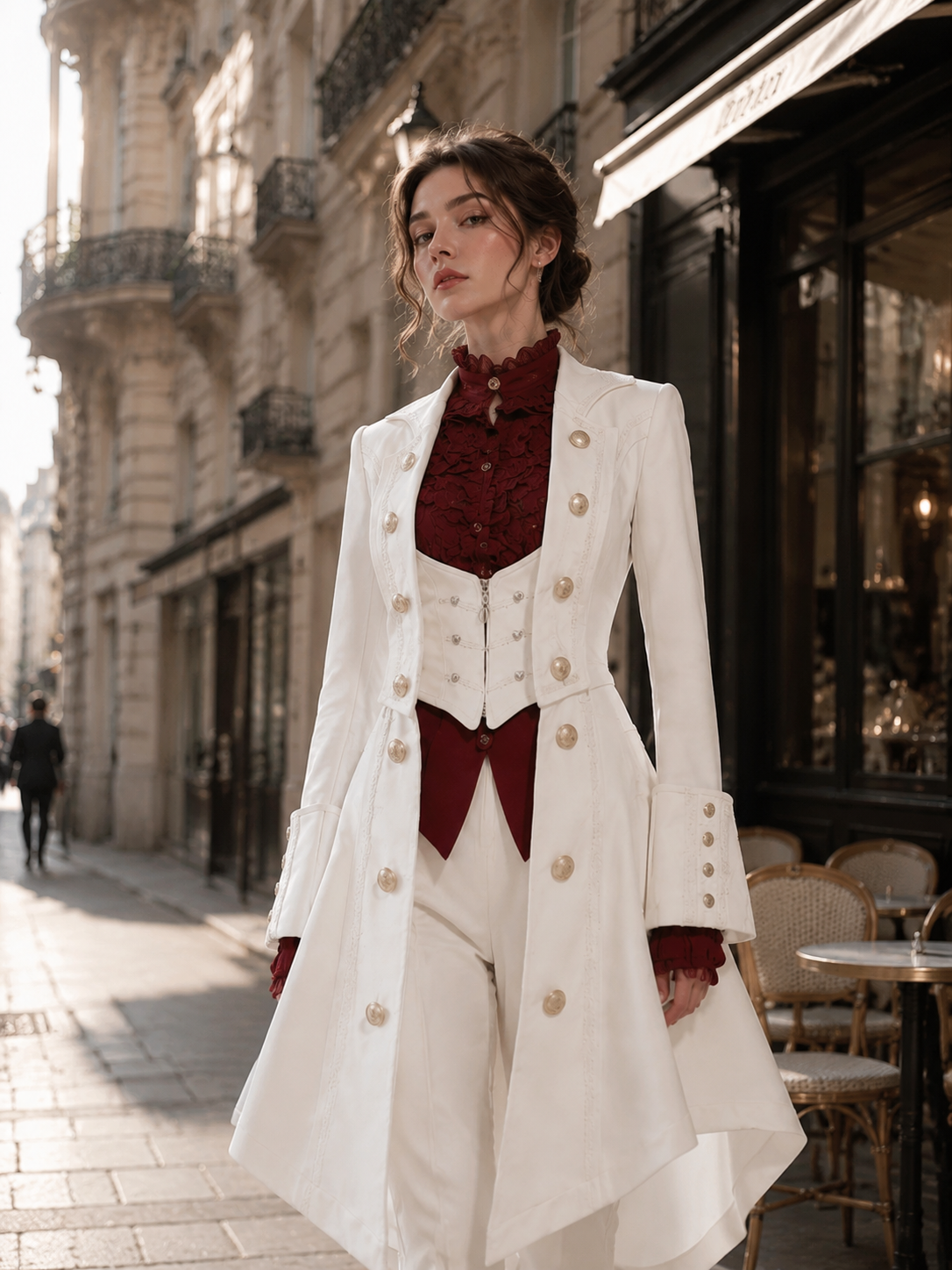 Gothic Batwing Long Coat and Trousers Ouji Set - Ivory with Burgundy Styled Model View 03 Gothic Batwing Long Coat and Trousers Ouji Set in Ivory with Burgundy, styled model view 03