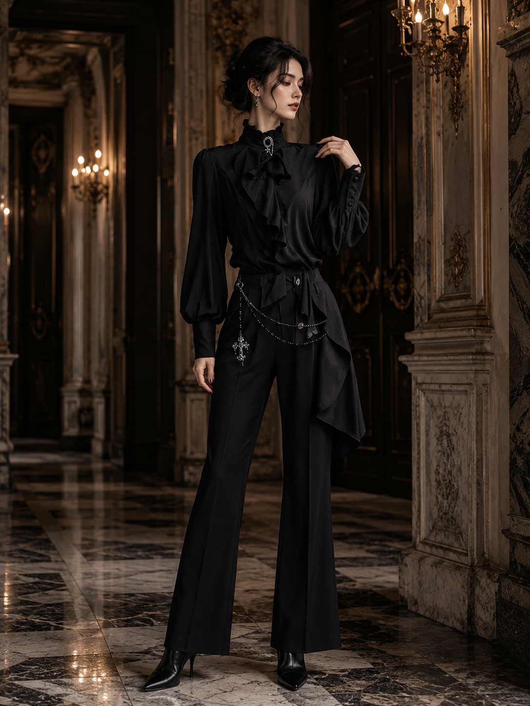 Gothic French Ruffle Tie-Collar Shirt - Black Styled Model View 01 Gothic French Ruffle Tie-Collar Shirt in Black, styled model view 01
