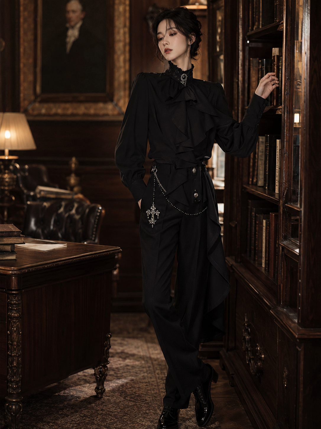 Gothic French Ruffle Tie-Collar Shirt - Black Styled Model View 02 Gothic French Ruffle Tie-Collar Shirt in Black, styled model view 02