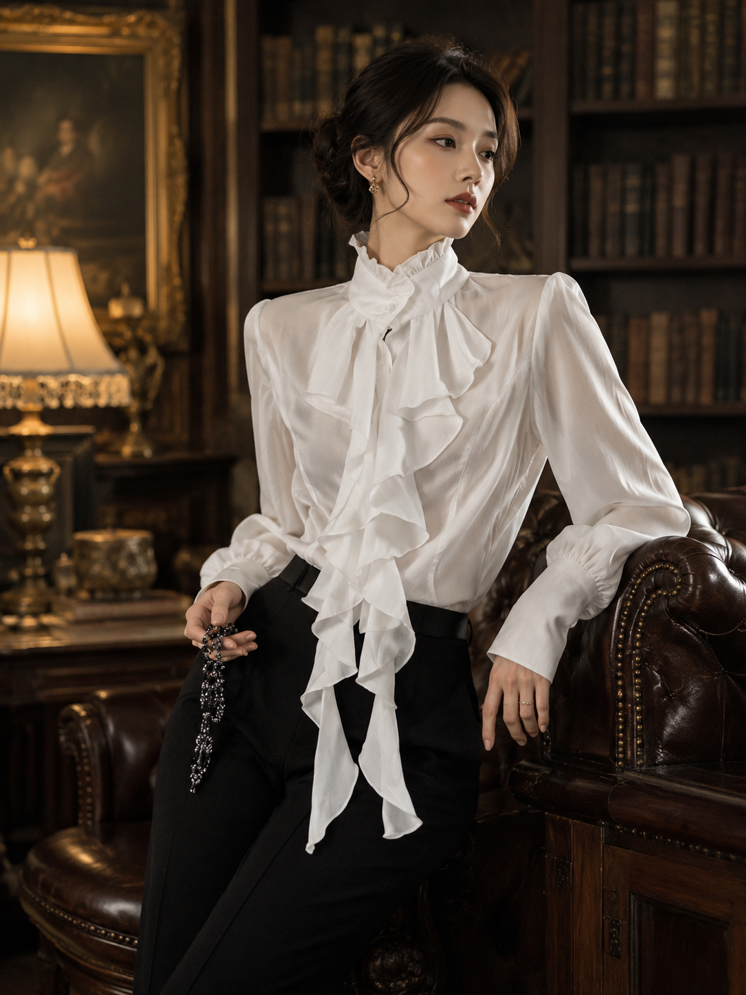 Gothic French Ruffle Tie-Collar Shirt - White Main Product Styling View 01 Gothic French Ruffle Tie-Collar Shirt in White, main product styling view 01