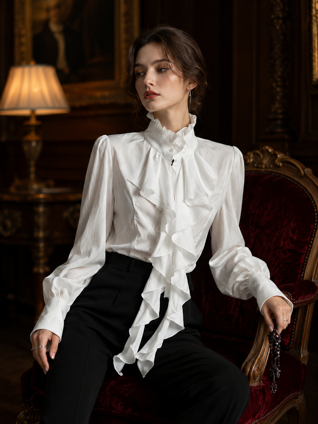 Gothic French Ruffle Tie-Collar Shirt - White Styled Model View 01 Gothic French Ruffle Tie-Collar Shirt in White, styled model view 01