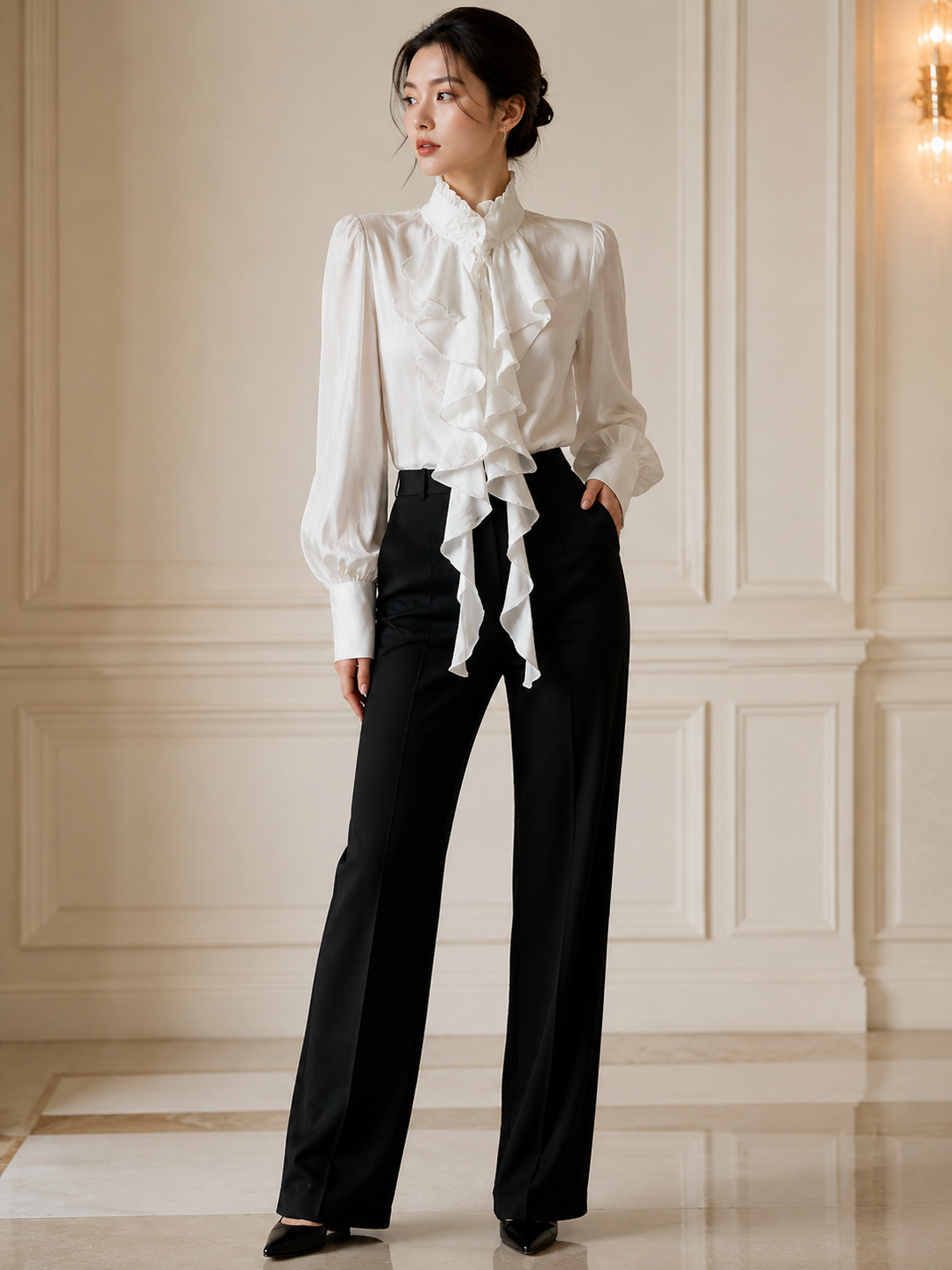 Gothic French Ruffle Tie-Collar Shirt - White Styled Model View 02 Gothic French Ruffle Tie-Collar Shirt in White, styled model view 02
