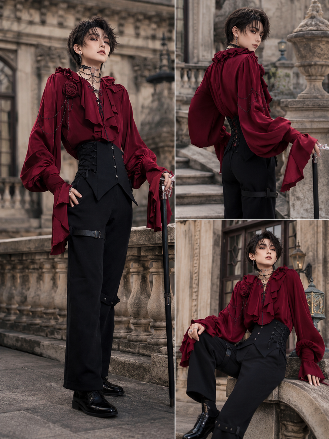 Gothic Ouji Ruffled V-Neck Blouse - Burgundy Red Styled Model View 01 Gothic Ouji Ruffled V-Neck Blouse in Burgundy Red, styled model view 01