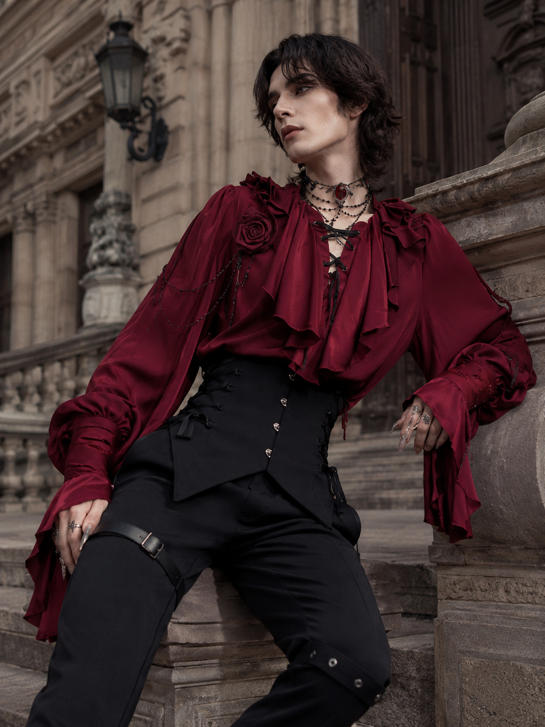 Gothic Ouji Ruffled V-Neck Blouse - Burgundy Red Styled Model View 02 Gothic Ouji Ruffled V-Neck Blouse in Burgundy Red, styled model view 02