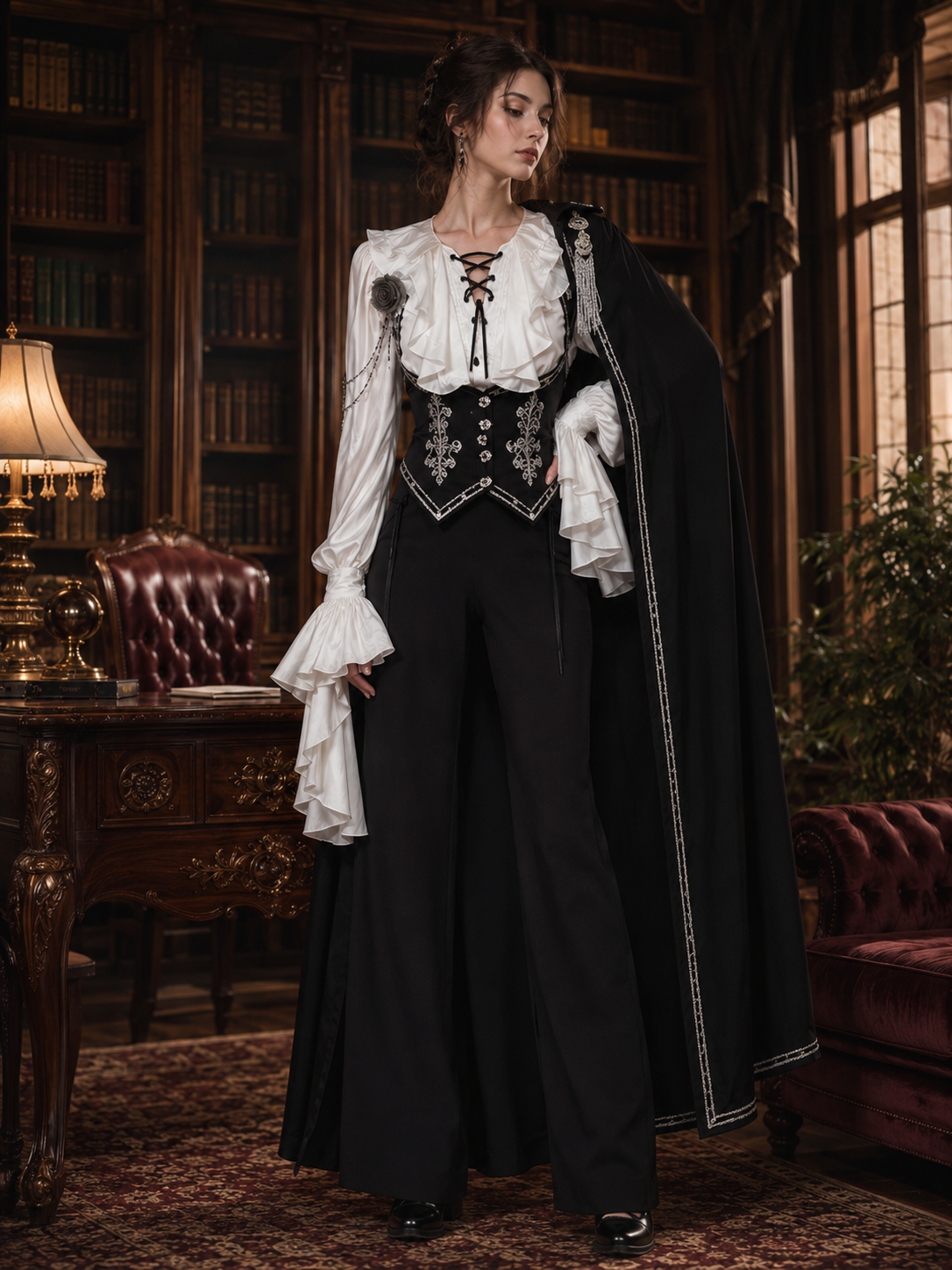 Gothic Ouji Ruffled V-Neck Blouse - White Main Product Styling View 01 Gothic Ouji Ruffled V-Neck Blouse in White, main product styling view 01