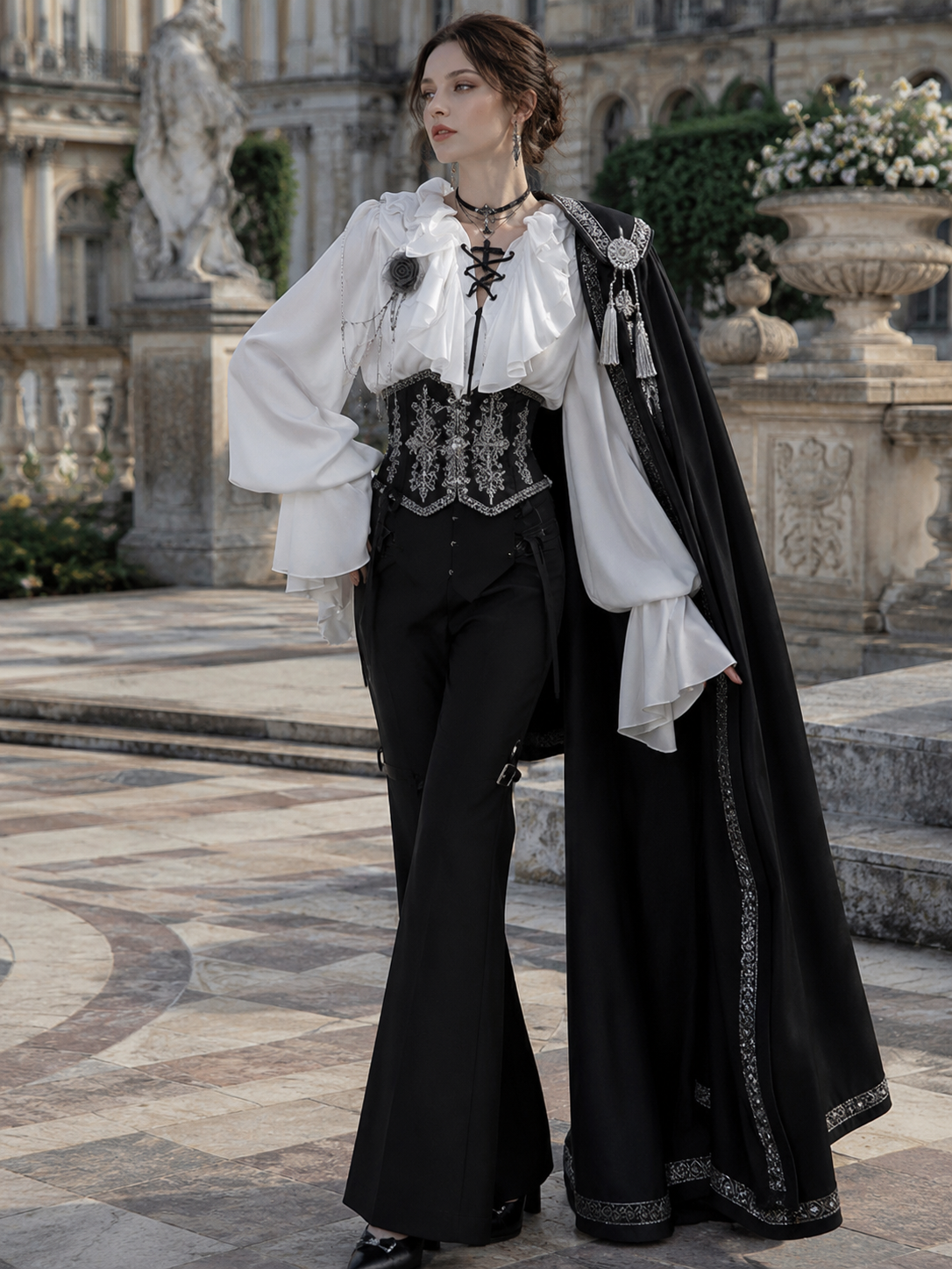 Gothic Ouji Ruffled V-Neck Blouse - White Styled Model View 01 Gothic Ouji Ruffled V-Neck Blouse in White, styled model view 01