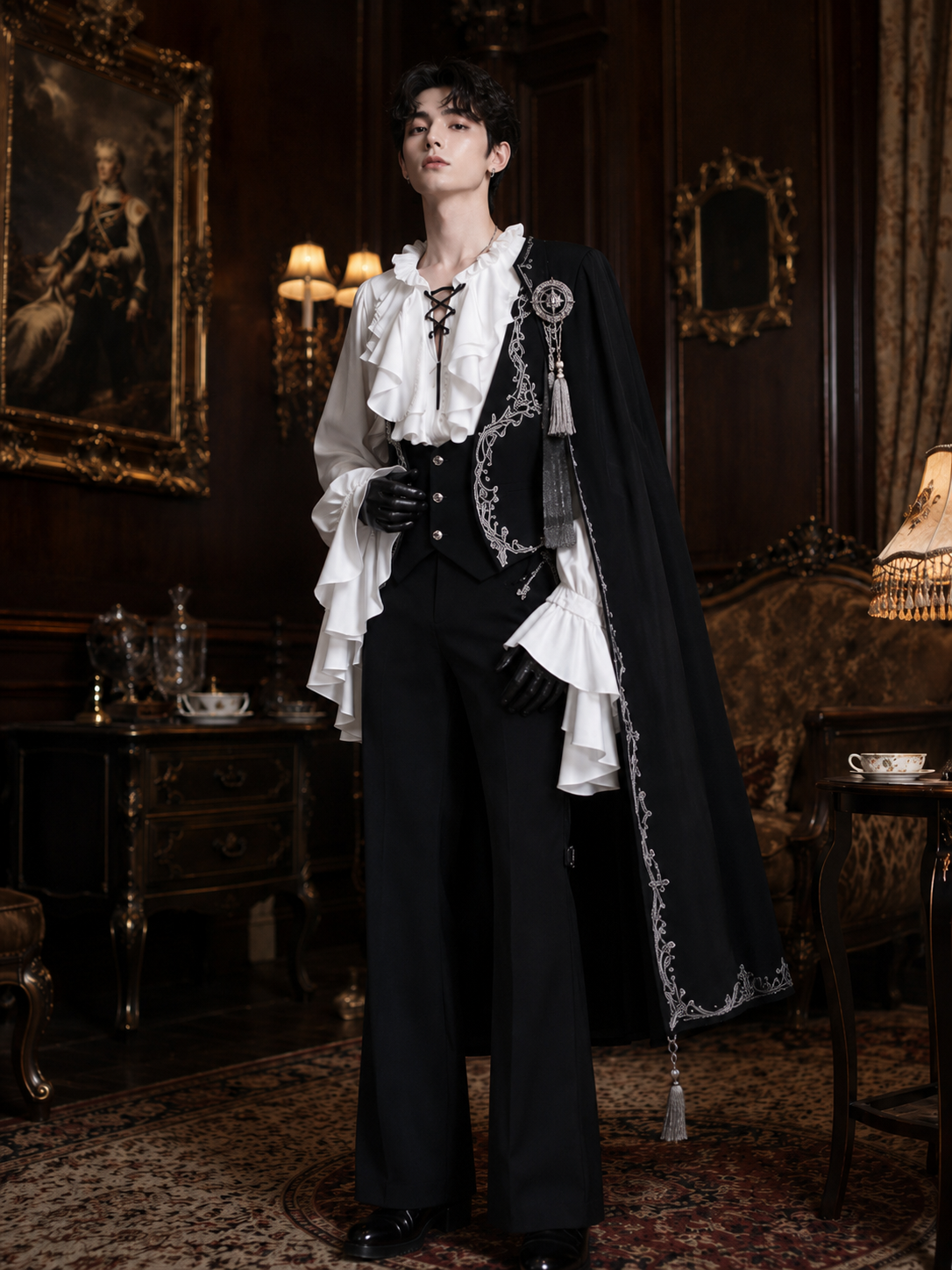 Gothic Ouji Ruffled V-Neck Blouse - White Styled Model View 02 Gothic Ouji Ruffled V-Neck Blouse in White, styled model view 02