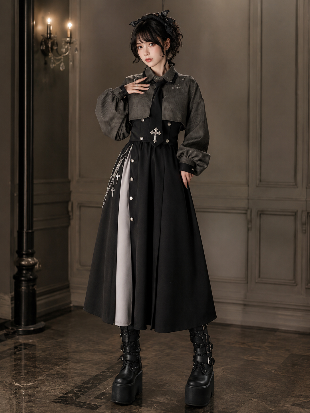 Gothic Waist-Cincher Blouse and Skirt Ouji Set - Gray and Black, Long Skirt Main Product Styling View 01 Gothic Waist-Cincher Blouse and Skirt Ouji Set in Gray and Black, Long Skirt, main product styling view 01