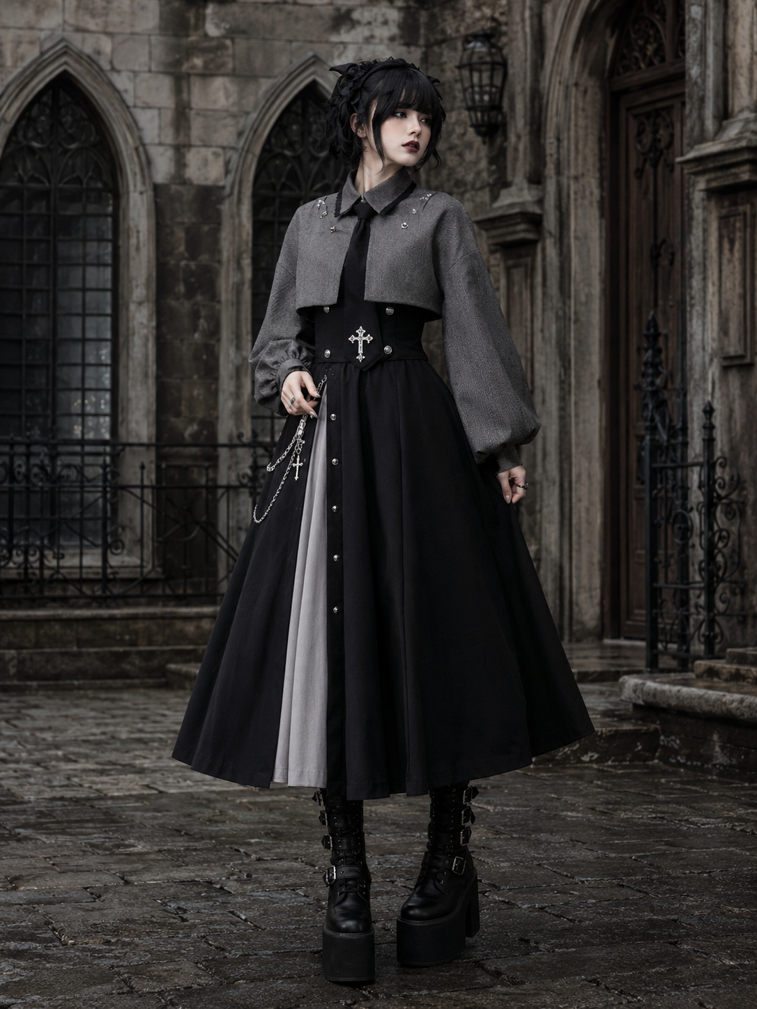 Gothic Waist-Cincher Blouse and Skirt Ouji Set - Gray and Black, Long Skirt Styled Model View 02 Gothic Waist-Cincher Blouse and Skirt Ouji Set in Gray and Black, Long Skirt, styled model view 02