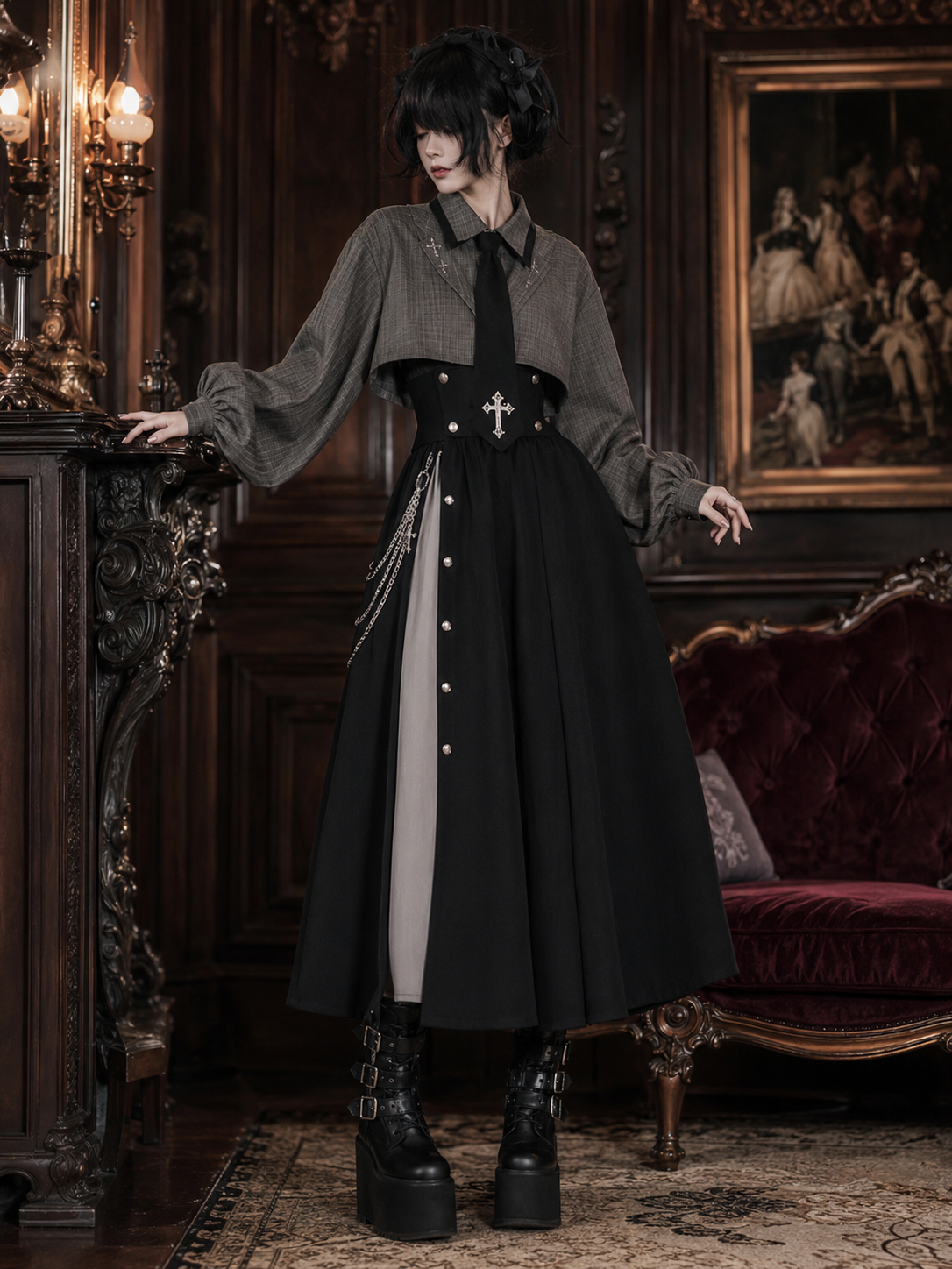 Gothic Waist-Cincher Blouse and Skirt Ouji Set - Gray and Black, Long Skirt Styled Model View 05 Gothic Waist-Cincher Blouse and Skirt Ouji Set in Gray and Black, Long Skirt, styled model view 05