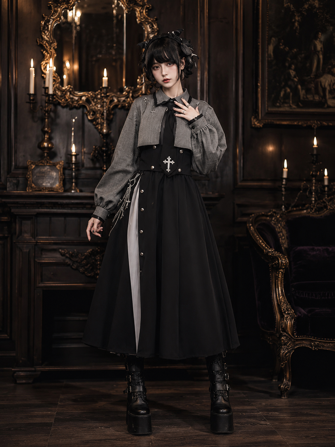 Gothic Waist-Cincher Blouse and Skirt Ouji Set - Gray and Black, Long Skirt Styled Model View 08 Gothic Waist-Cincher Blouse and Skirt Ouji Set in Gray and Black, Long Skirt, styled model view 08