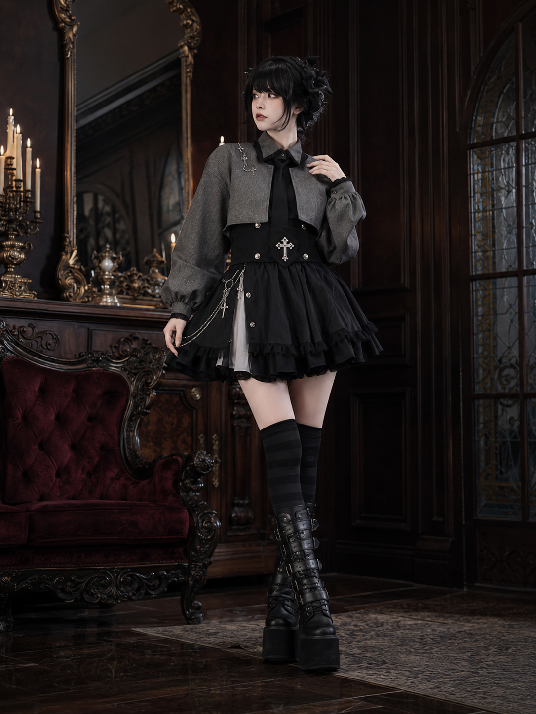 Gothic Waist-Cincher Blouse and Skirt Ouji Set - Gray and Black, Short Skirt Styled Model View 01 Gothic Waist-Cincher Blouse and Skirt Ouji Set in Gray and Black, Short Skirt, styled model view 01