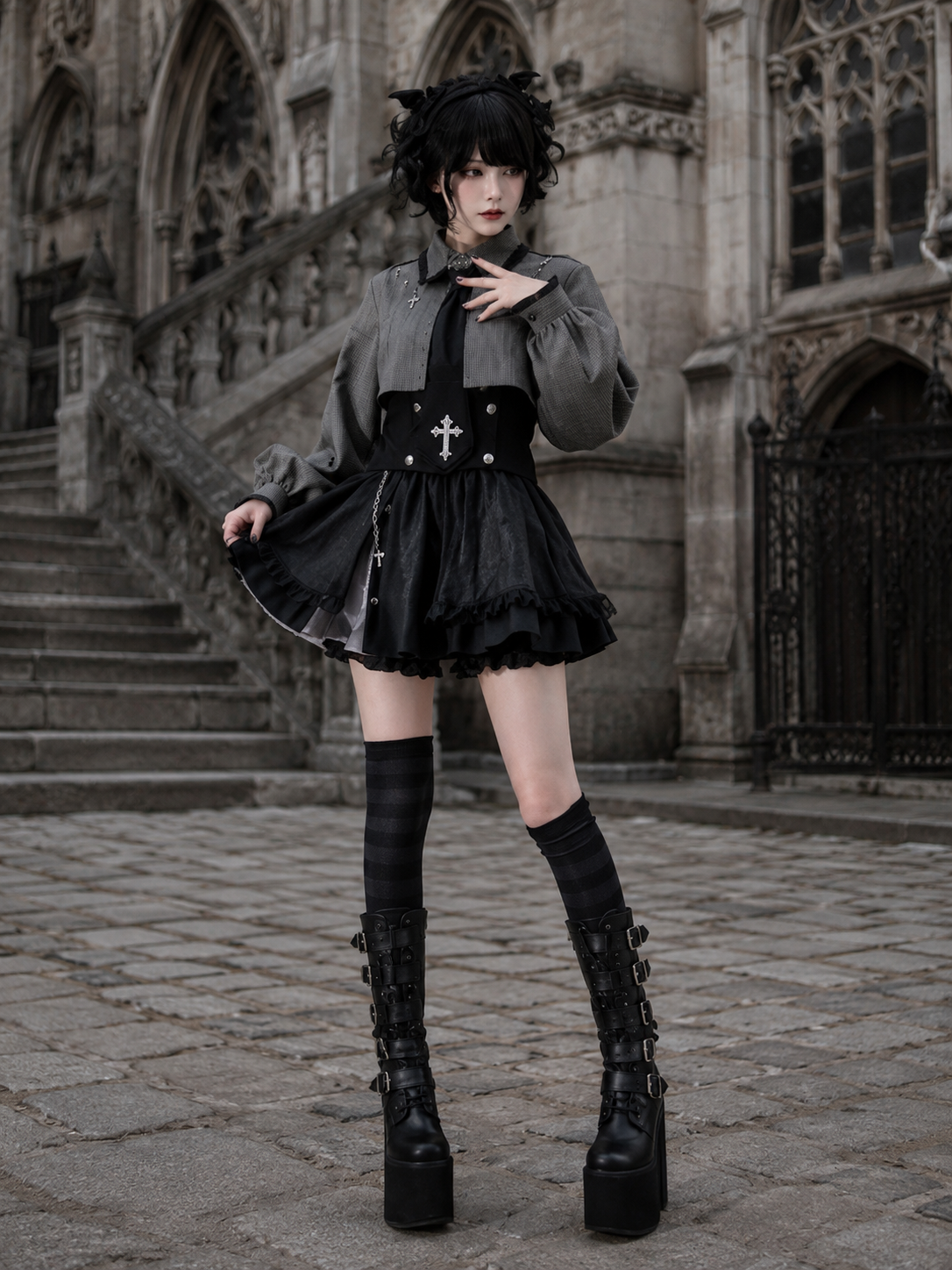 Gothic Waist-Cincher Blouse and Skirt Ouji Set - Gray and Black, Short Skirt Styled Model View 06 Gothic Waist-Cincher Blouse and Skirt Ouji Set in Gray and Black, Short Skirt, styled model view 06