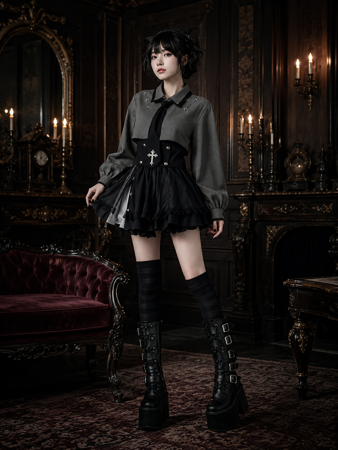 Gothic Waist-Cincher Blouse and Skirt Ouji Set - Gray and Black, Short Skirt Styled Model View 07 Gothic Waist-Cincher Blouse and Skirt Ouji Set in Gray and Black, Short Skirt, styled model view 07