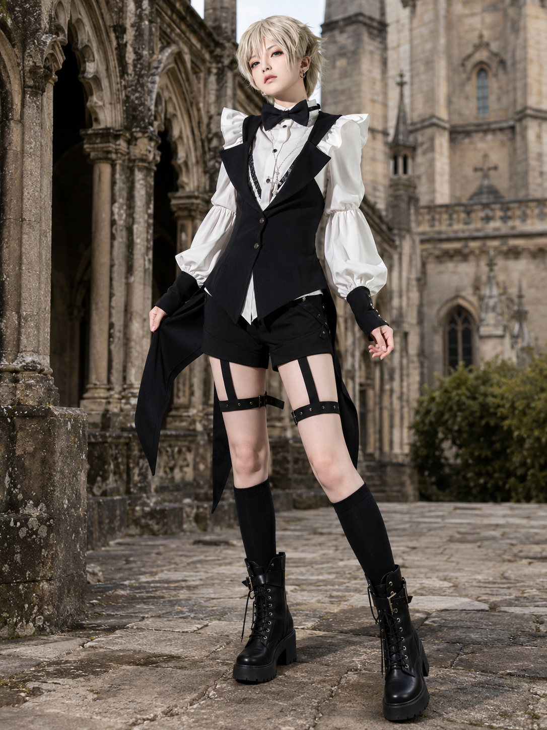 Gothic Waiter Tailcoat Ouji Three-Piece Set - Black and White Main Product Styling View 01 Gothic Waiter Tailcoat Ouji Three-Piece Set in Black and White, main product styling view 01