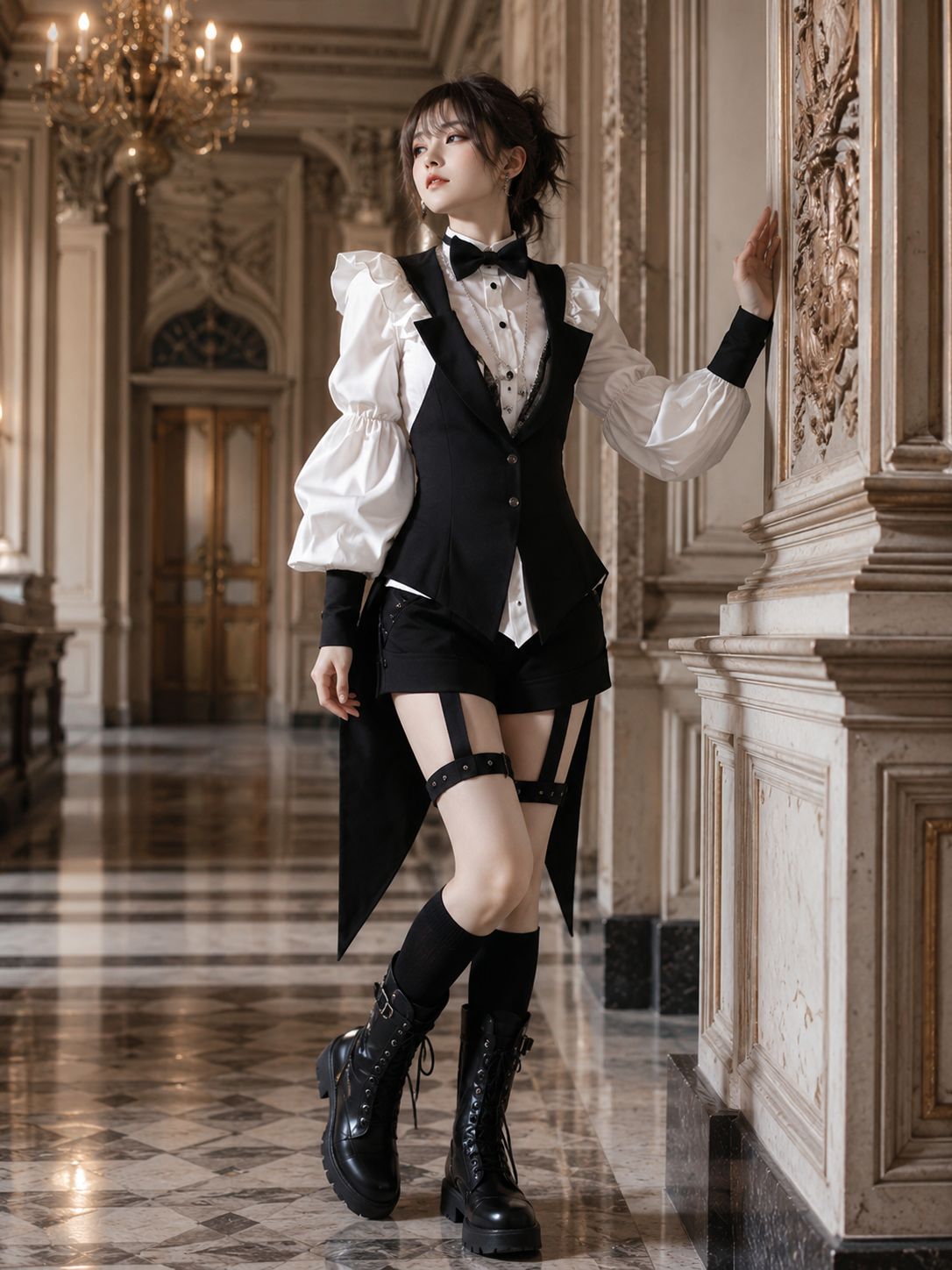Gothic Waiter Tailcoat Ouji Three-Piece Set - Black and White Styled Model View 01 Gothic Waiter Tailcoat Ouji Three-Piece Set in Black and White, styled model view 01