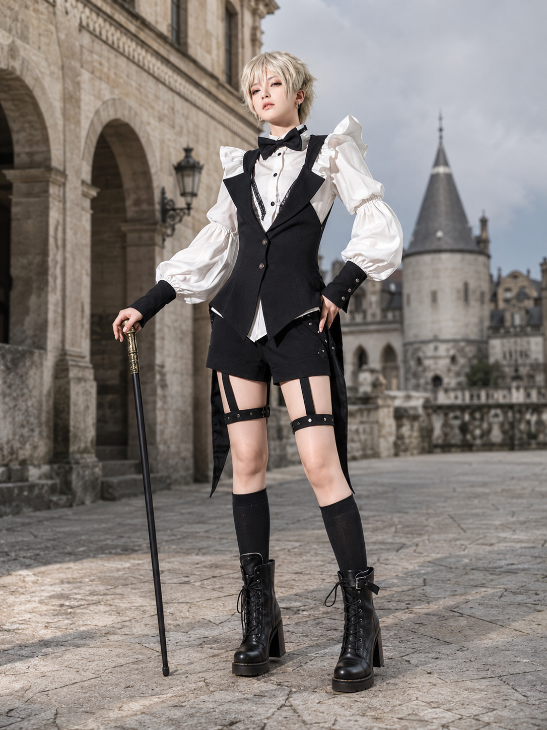 Gothic Waiter Tailcoat Ouji Three-Piece Set - Black and White Styled Model View 02 Gothic Waiter Tailcoat Ouji Three-Piece Set in Black and White, styled model view 02