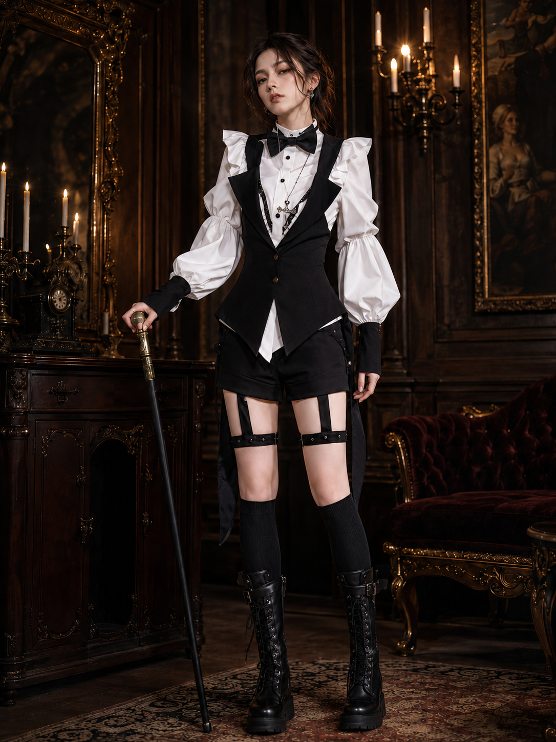 Gothic Waiter Tailcoat Ouji Three-Piece Set - Black and White Styled Model View 03 Gothic Waiter Tailcoat Ouji Three-Piece Set in Black and White, styled model view 03
