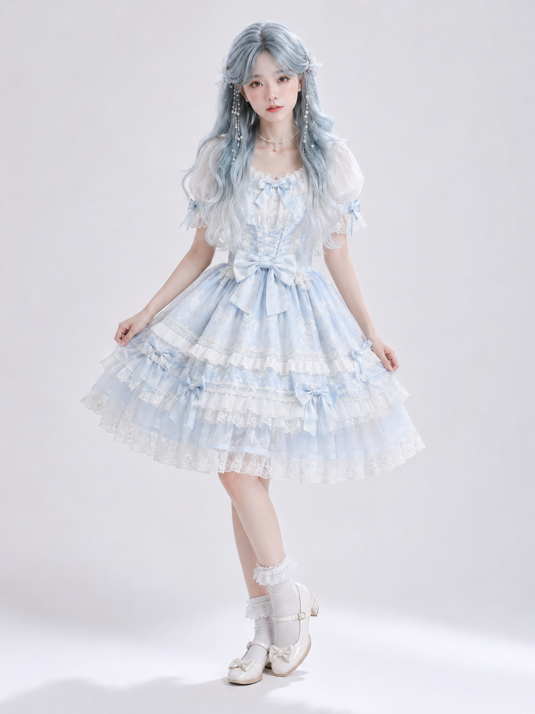 Icy Blue and Silver Ombre Long Wavy Lolita Wig - Icy Blue and Silver Ombre Main Product Styling View 01 Icy Blue and Silver Ombre Long Wavy Lolita Wig in Icy Blue and Silver Ombre, main product styling view 01