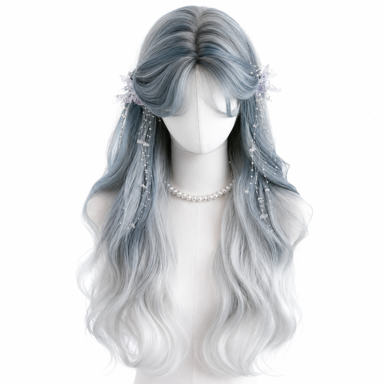 Icy Blue and Silver Ombre Long Wavy Lolita Wig - Icy Blue and Silver Ombre Mannequin Product View 01 Icy Blue and Silver Ombre Long Wavy Lolita Wig in Icy Blue and Silver Ombre, mannequin product view 01