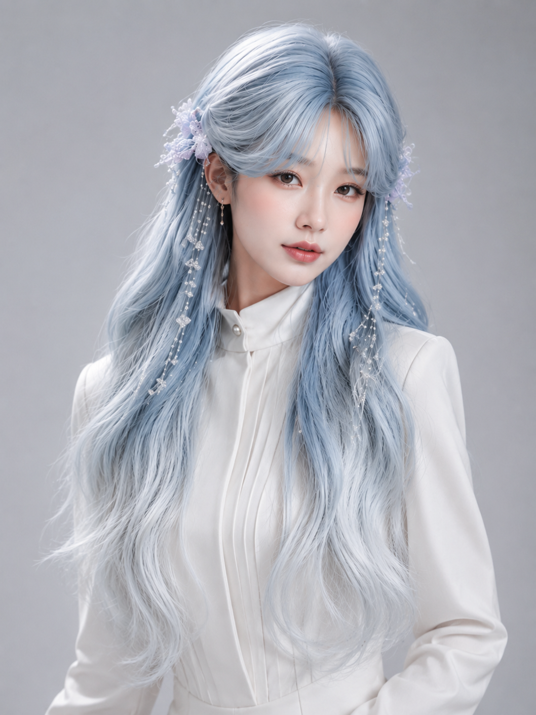 Icy Blue and Silver Ombre Long Wavy Lolita Wig - Icy Blue and Silver Ombre Styled Model View 03 Icy Blue and Silver Ombre Long Wavy Lolita Wig in Icy Blue and Silver Ombre, styled model view 03