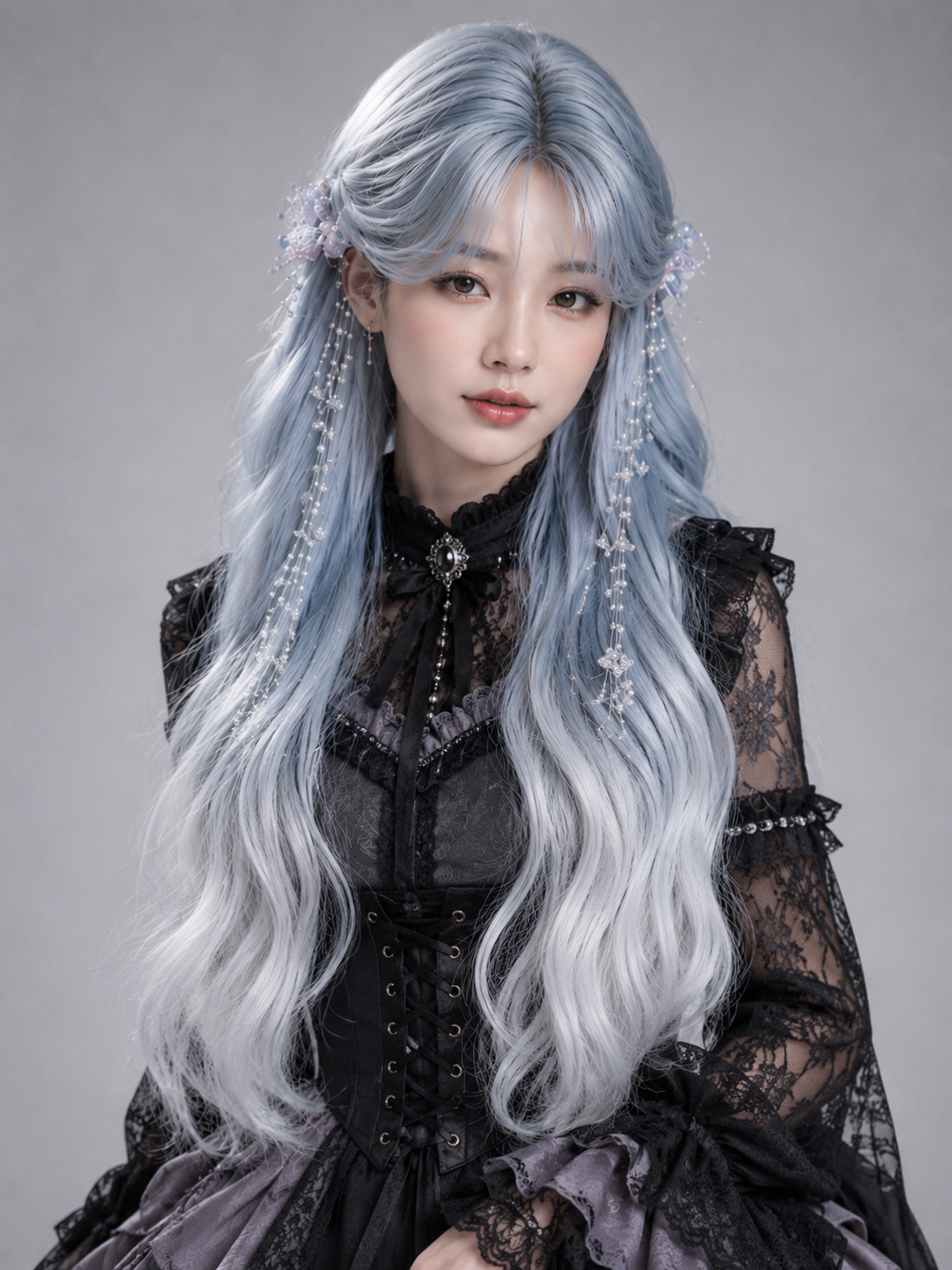 Icy Blue and Silver Ombre Long Wavy Lolita Wig - Icy Blue and Silver Ombre Styled Model View 05 Icy Blue and Silver Ombre Long Wavy Lolita Wig in Icy Blue and Silver Ombre, styled model view 05