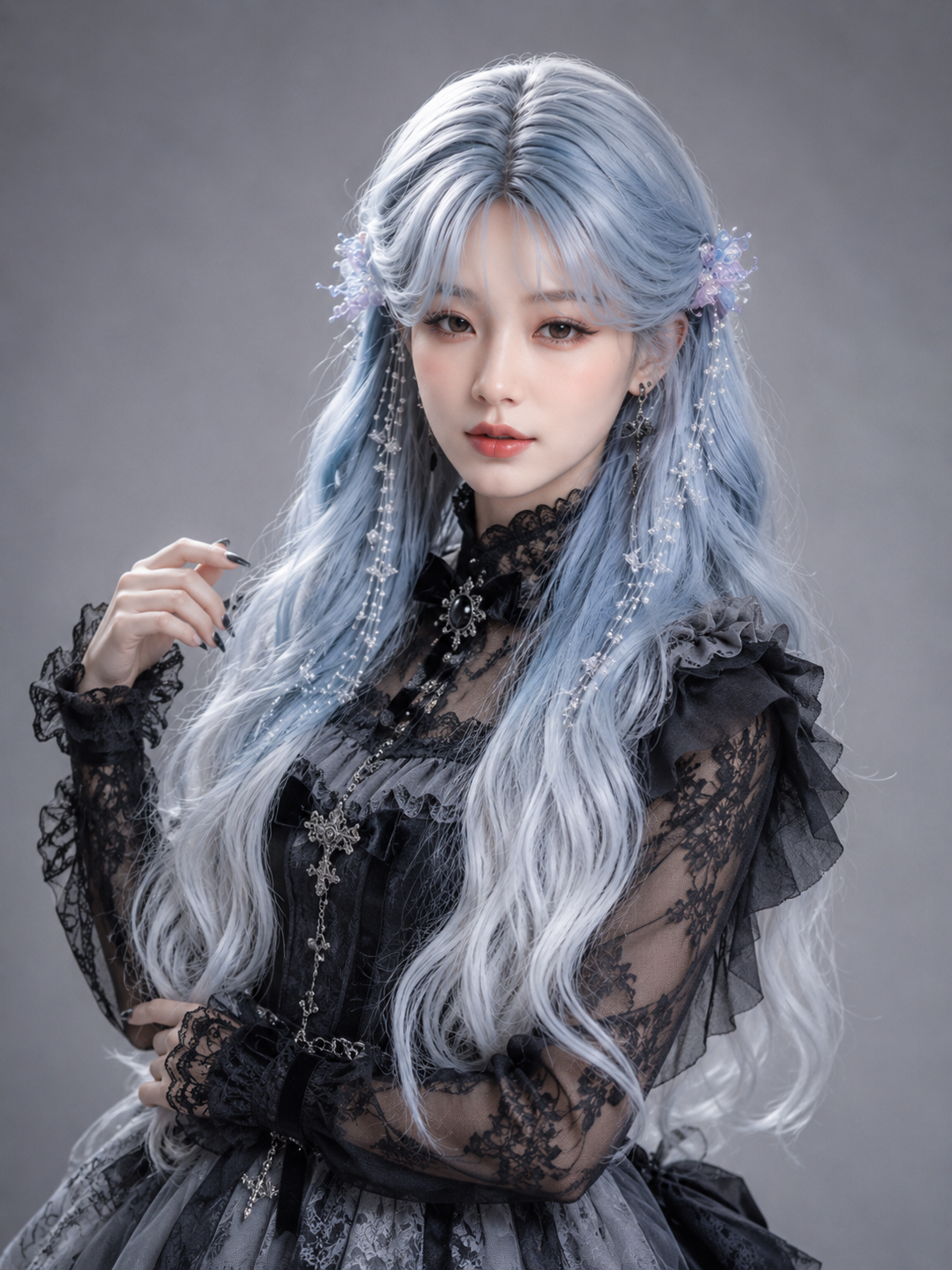 Icy Blue and Silver Ombre Long Wavy Lolita Wig - Icy Blue and Silver Ombre Styled Model View 07 Icy Blue and Silver Ombre Long Wavy Lolita Wig in Icy Blue and Silver Ombre, styled model view 07