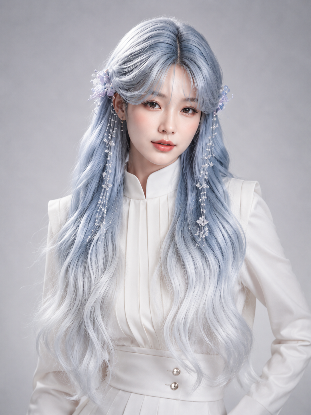 Icy Blue and Silver Ombre Long Wavy Lolita Wig - Icy Blue and Silver Ombre Styled Model View 08 Icy Blue and Silver Ombre Long Wavy Lolita Wig in Icy Blue and Silver Ombre, styled model view 08