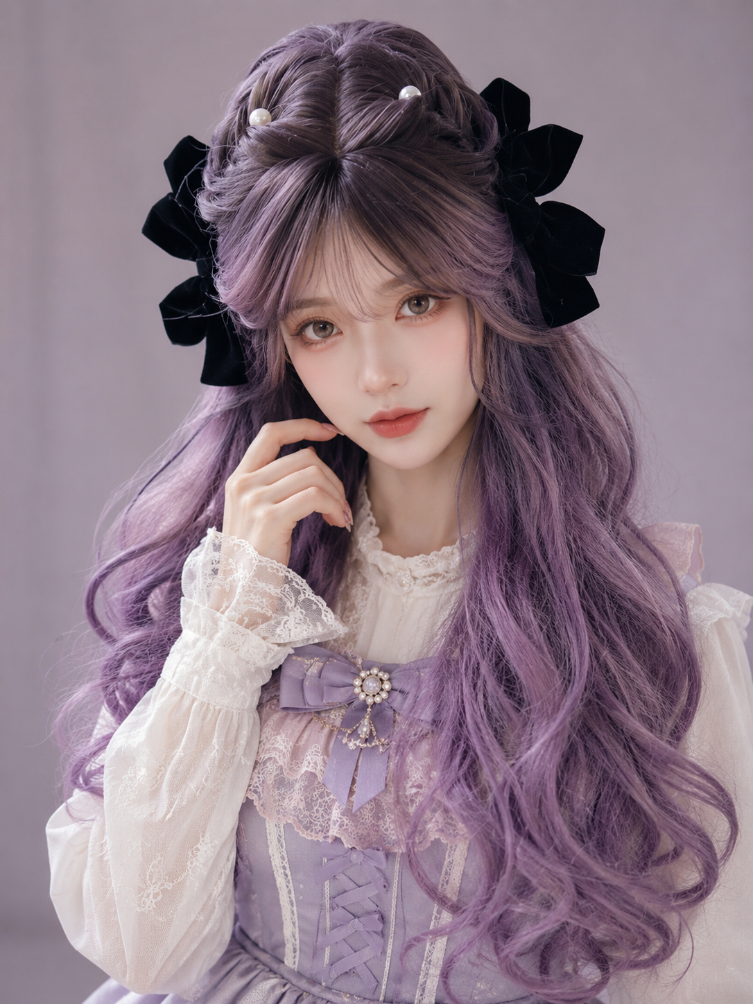 Lavender Purple Long Wavy Lolita Wig in Lavender Purple, styled model view 01