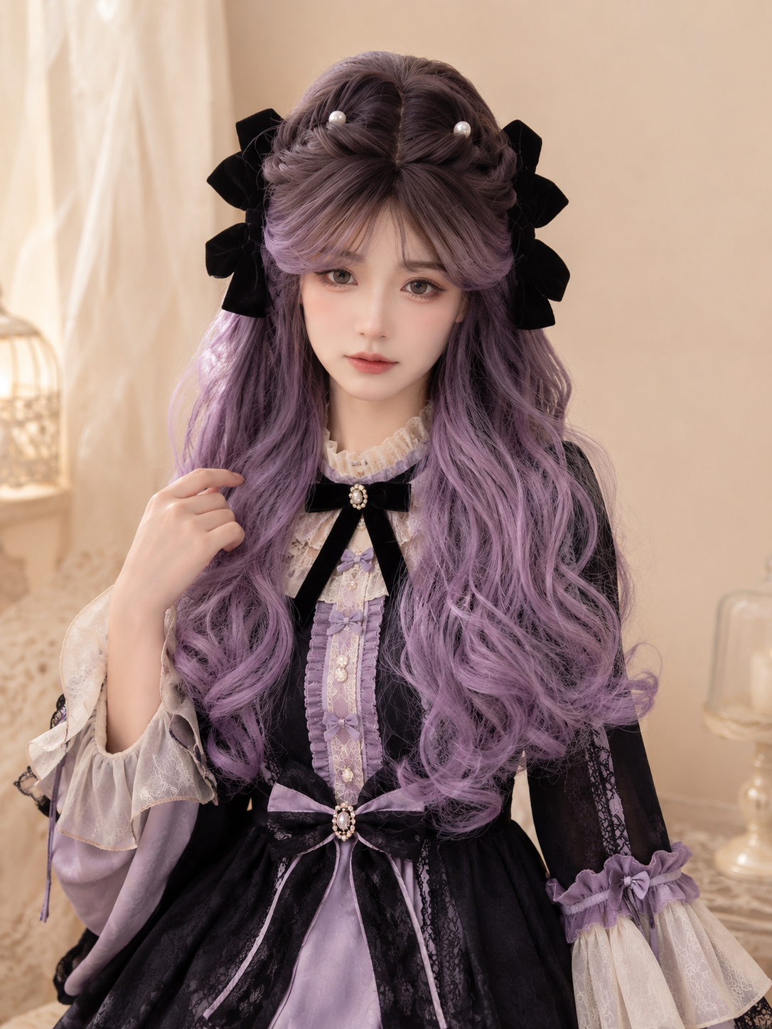 Lavender Purple Long Wavy Lolita Wig in Lavender Purple, styled model view 02