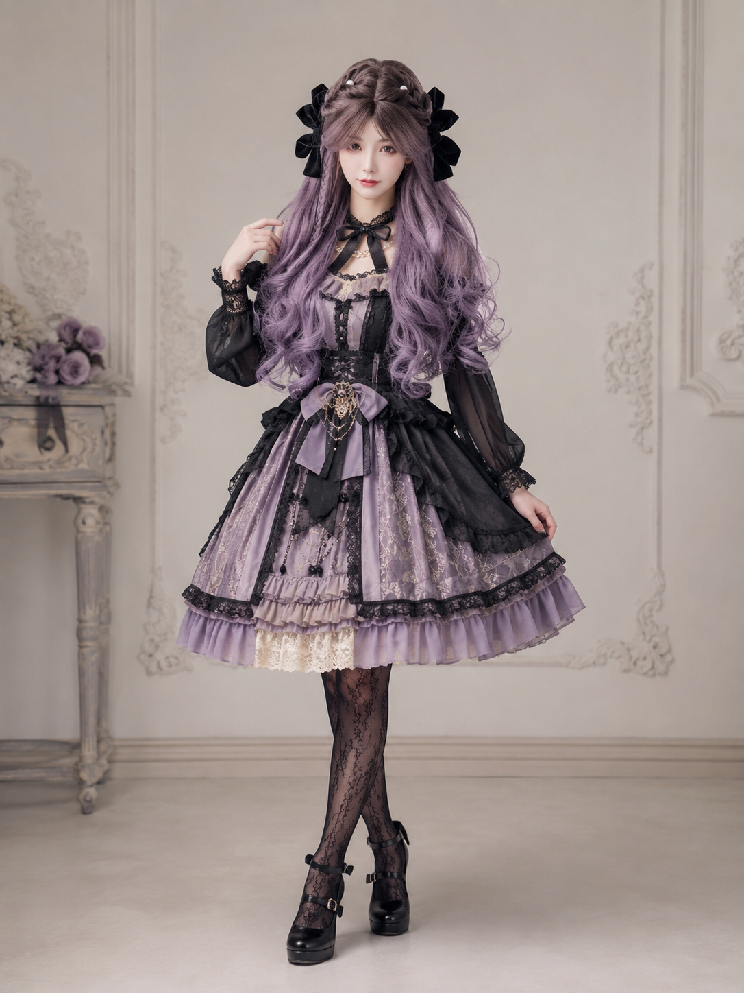 Lavender Purple Long Wavy Lolita Wig in Lavender Purple, styled model view 03