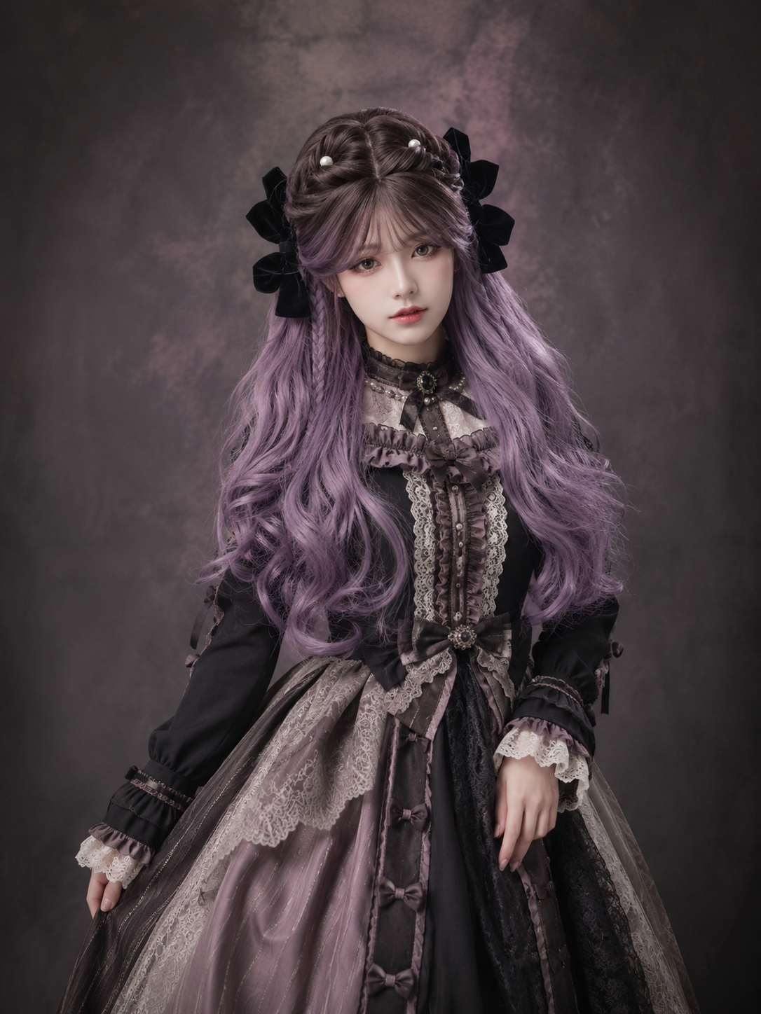 Lavender Purple Long Wavy Lolita Wig in Lavender Purple, styled model view 04