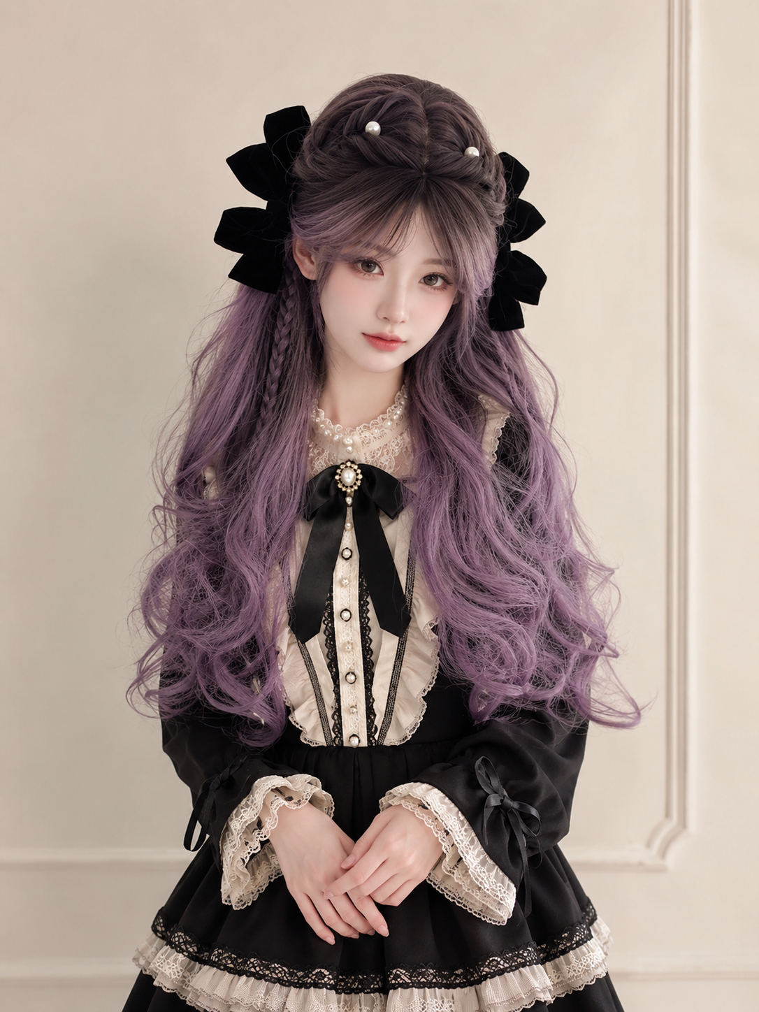 Lavender Purple Long Wavy Lolita Wig in Lavender Purple, styled model view 05