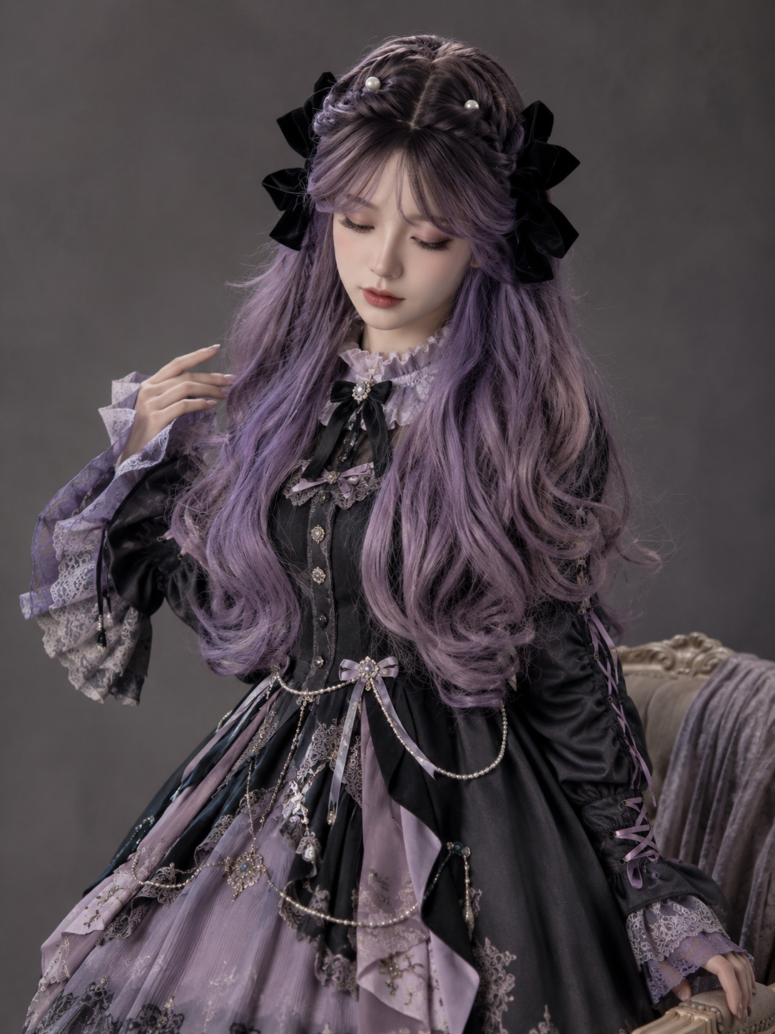 Lavender Purple Long Wavy Lolita Wig in Lavender Purple, styled model view 06
