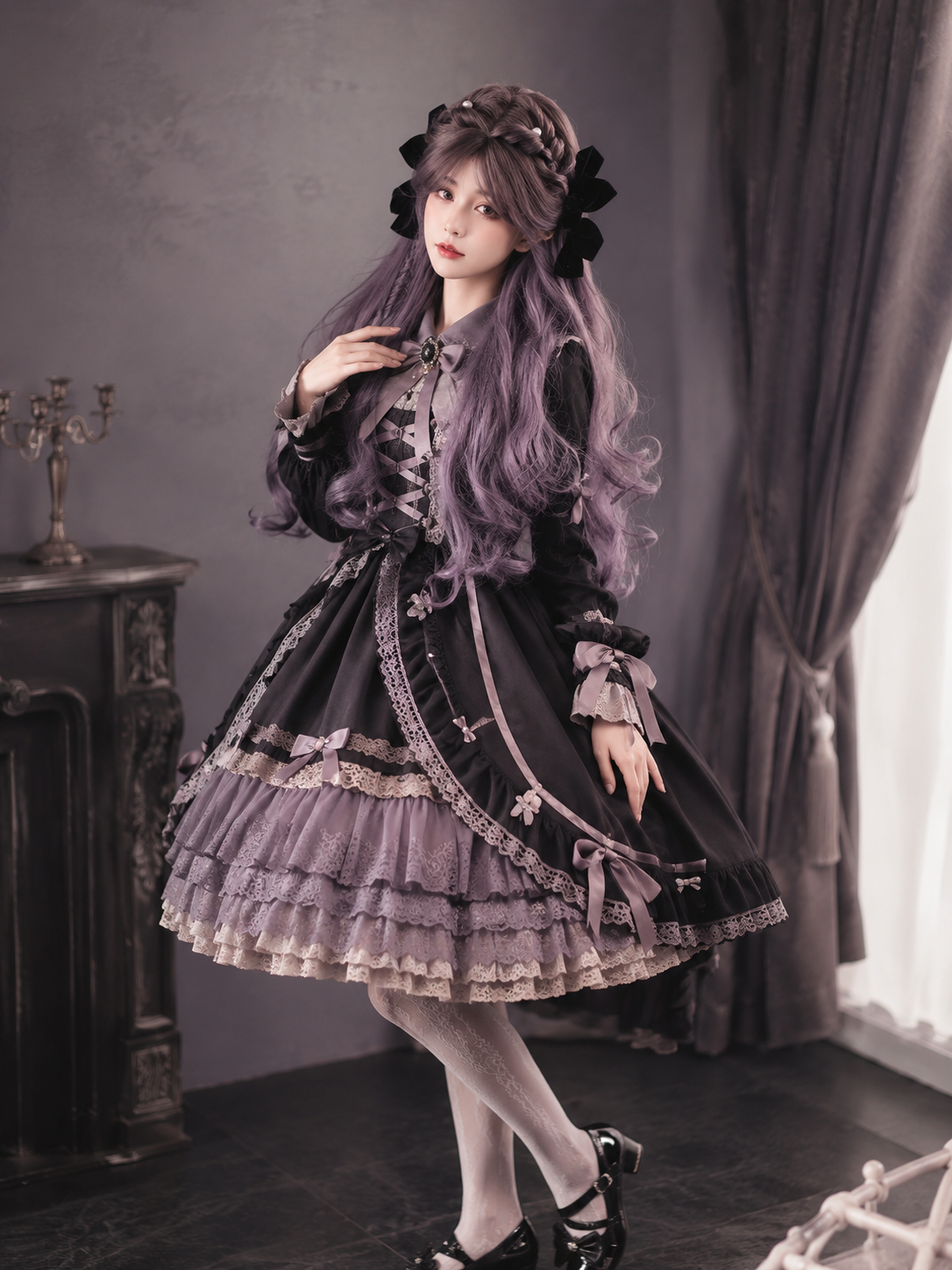 Lavender Purple Long Wavy Lolita Wig in Lavender Purple, styled model view 07