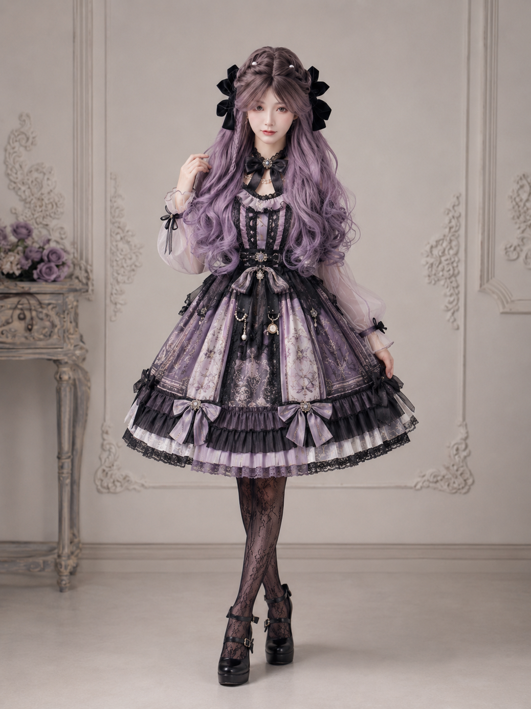 Lavender Purple Long Wavy Lolita Wig in Lavender Purple, styled model view 08