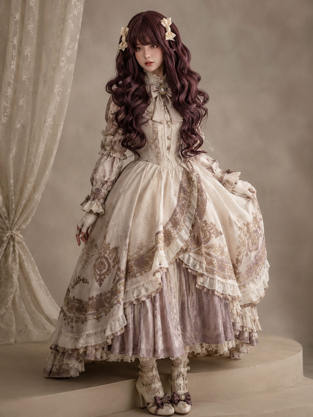 Milk Cheese Sweetheart Long Wavy Lolita Wig in Burgundy Brown, main product styling view 01